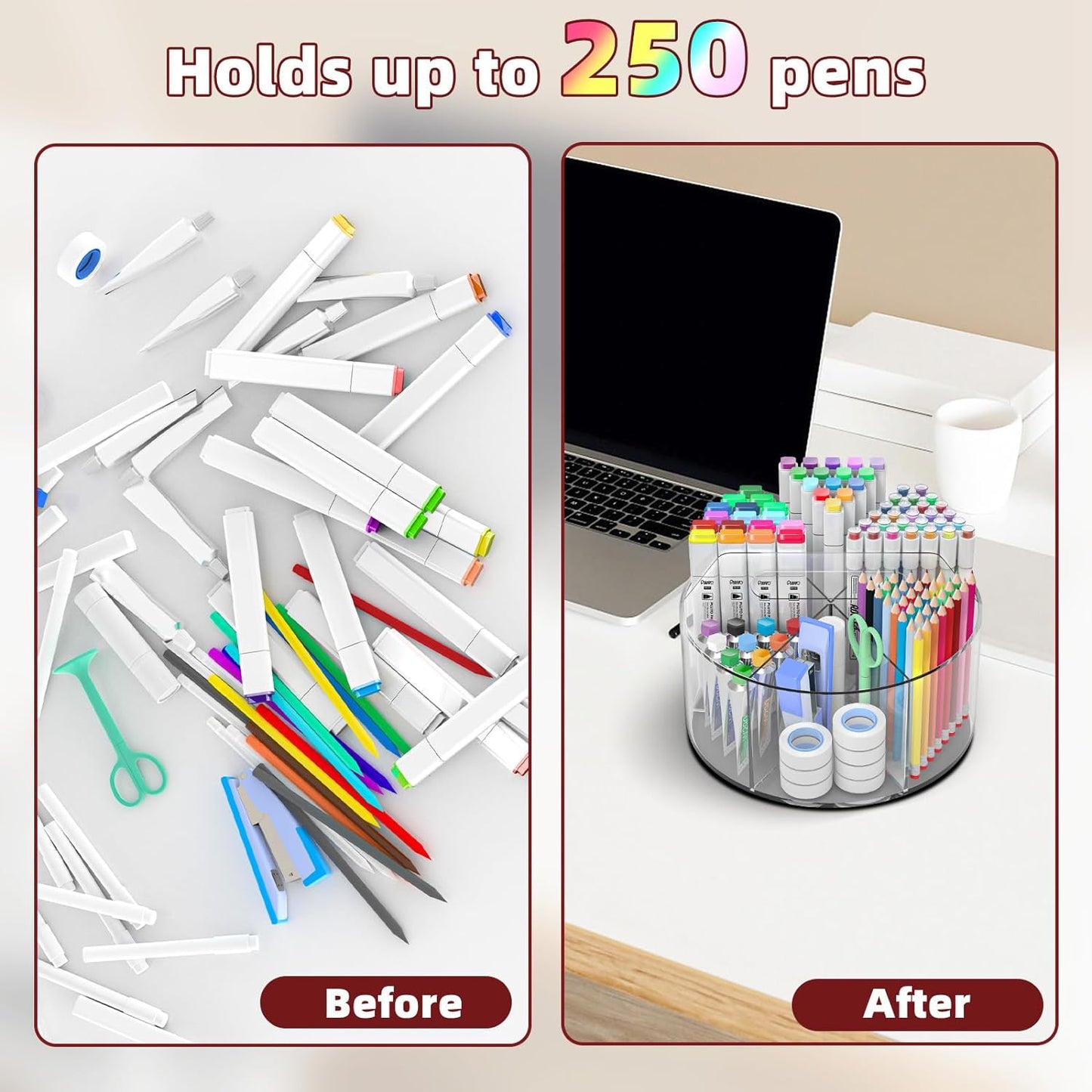 Absonic Acrylic Pen Holder Pencil Organizer, 360-Degree Rotating Pencil Holder, Crayon Organizers for Kids Marker Organizer Caddy Art Supply Kids Desk Organizers for Office Home School