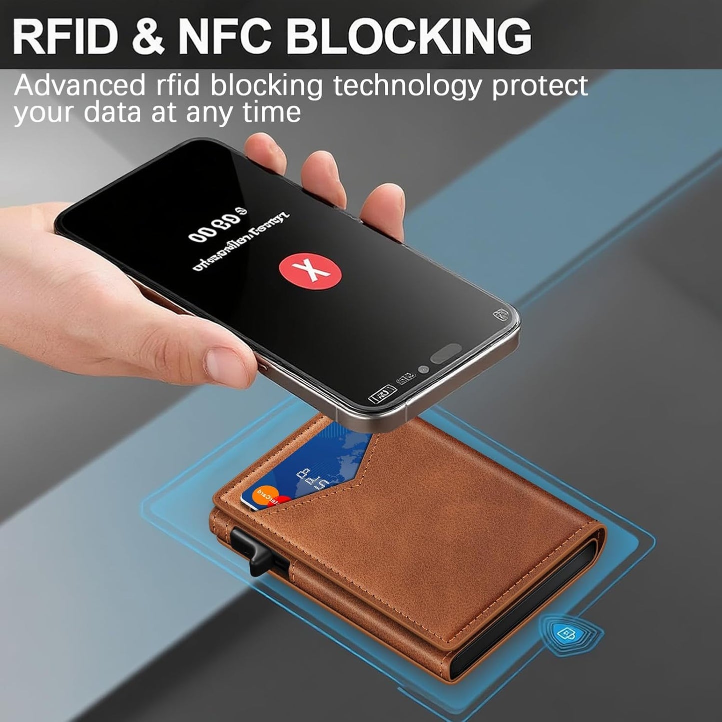 Wallet for Men, RFID Wallet with Money Clip & ID Window, Minimalist Pop Up Credit Card Case Holder 10-12 Cards, Bifold Slim Smart Wallet for Front Pocket, Compact Metal Wallets, Gifts for Men, Brown