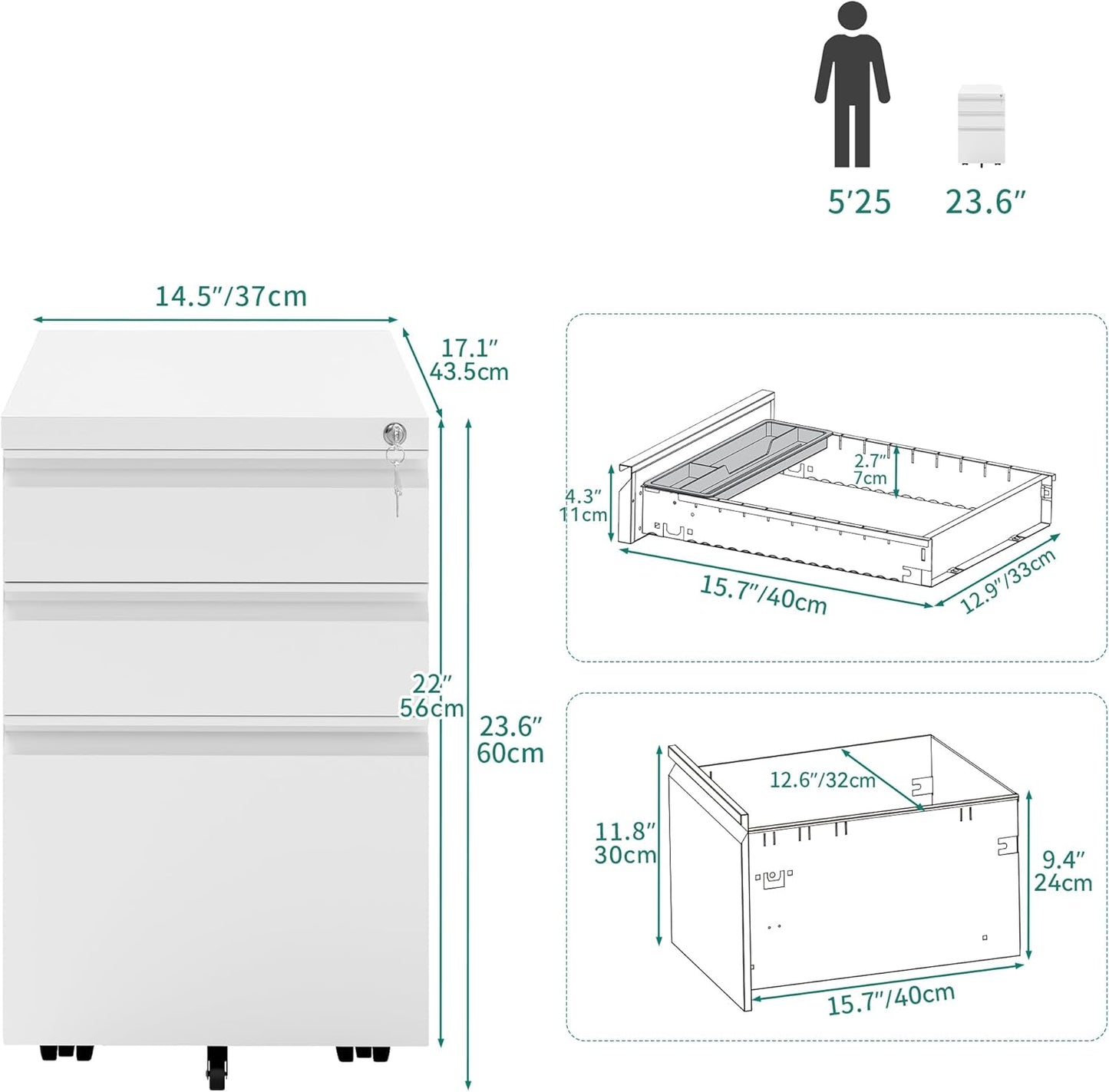 YITAHOME 3-Drawer Vertical File Cabinet, Mobile Metal Filing Cabinet with Lock for Legal/Letter Size, Pre-Built Office Storage File Cabinet Except Wheels Under Dese, White