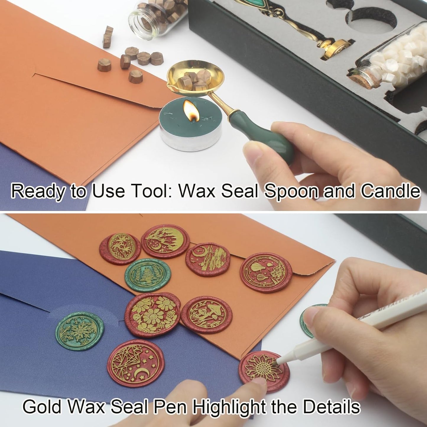 Letter Wax Seal Stamp Kit, Andotopee Wax Seal Kit Initial Alphabet J Sealing Wax Stamp Head 3pcs, Vintage Wax Stamp Seal Kit with Wax Seal Beads, Wax Seal Warmer Tools, Wax Seal Pen, Gift Box Set