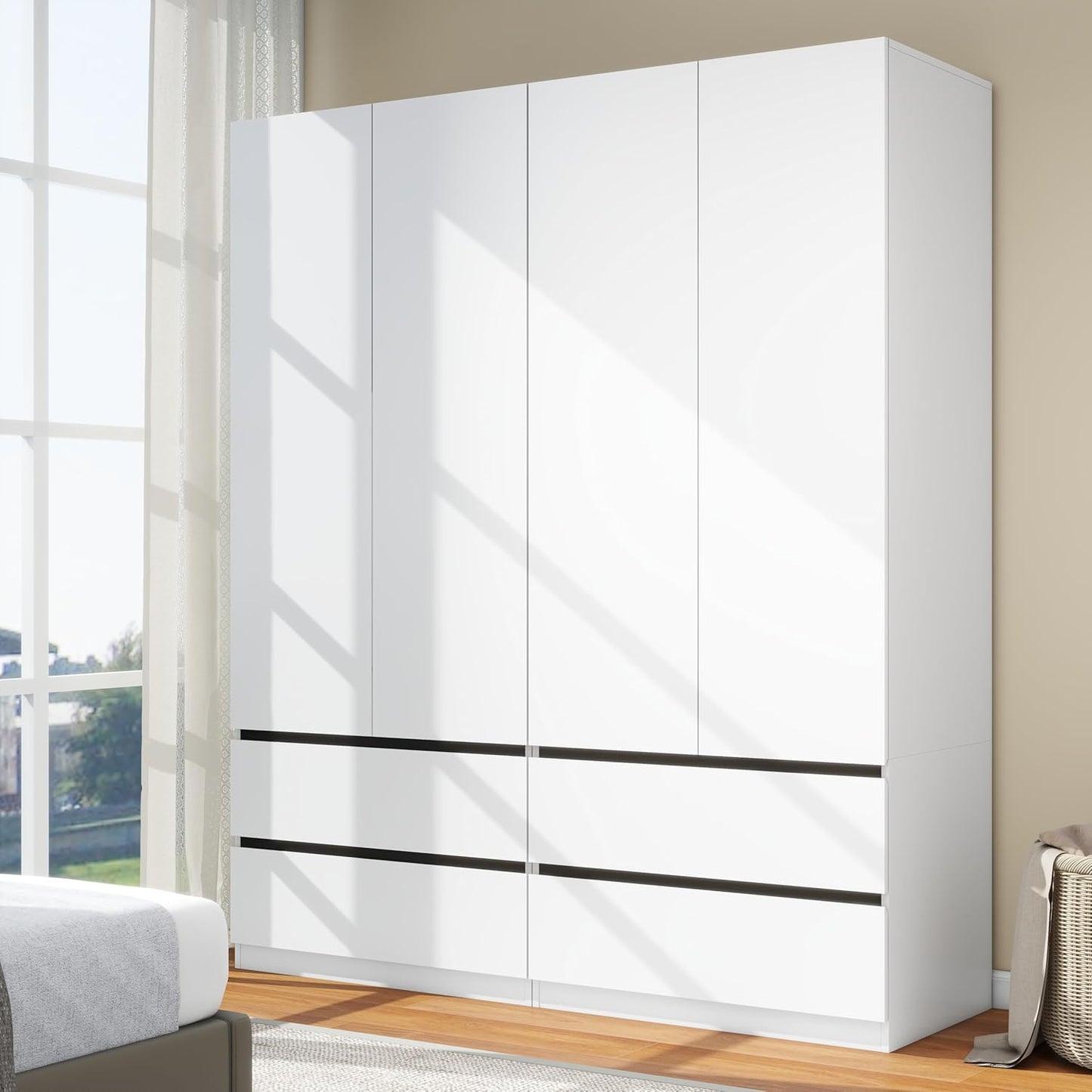 White Wardrobe Closet with Doors: 75" Large Capacity Bedroom Armoire, Wooden Cabinet with 4 Drawers, Hanging Storage Shelves with Hanging Rod (Contemporary, 2)