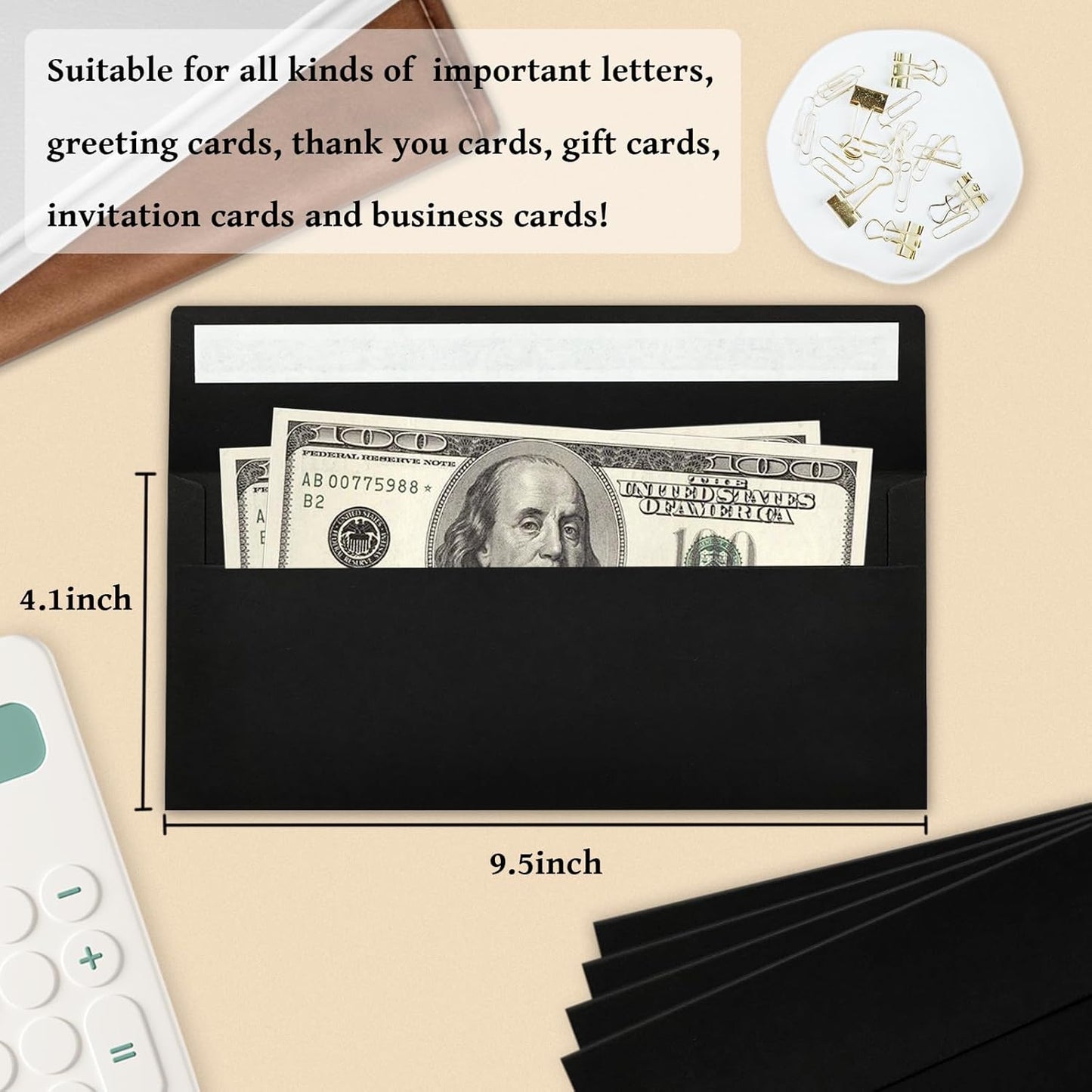 100 Pack #10 Business Envelopes, Black Standard Envelopes Self Seal, Letter Size Business Mailing Envelopes for Checks Letters Invoices Statements Birthday Graduation Wedding,4 1/8 x 9 1/2 Inch