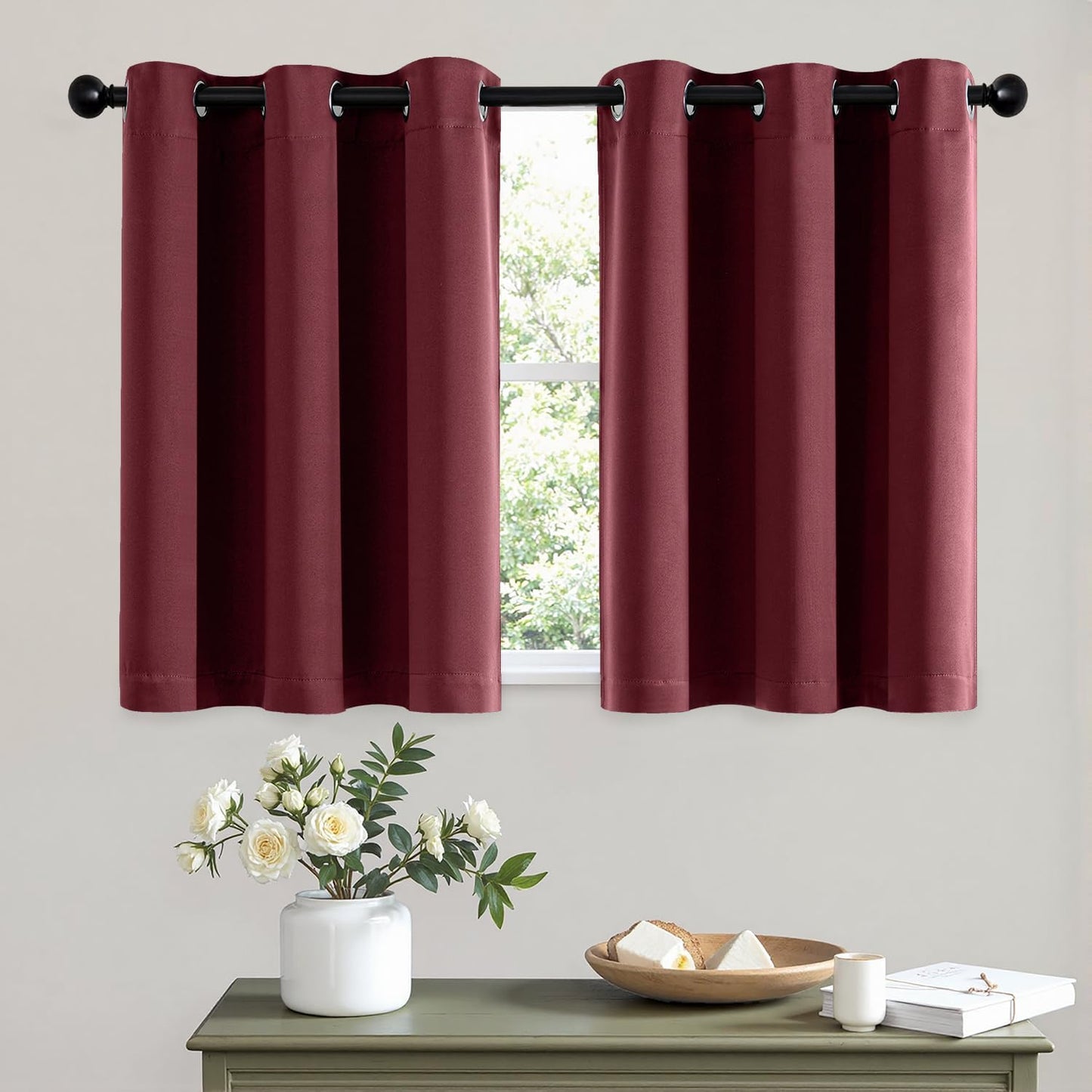 MIULEE Short Curtains for Windows - Burgundy Red Blackout Half Window Curtains Thermal Insulated Privacy Drapes for Kitchen Bedroom Bathroom Grommet Top Small Basement Tiers W40 x L36 Inch 2 Panels