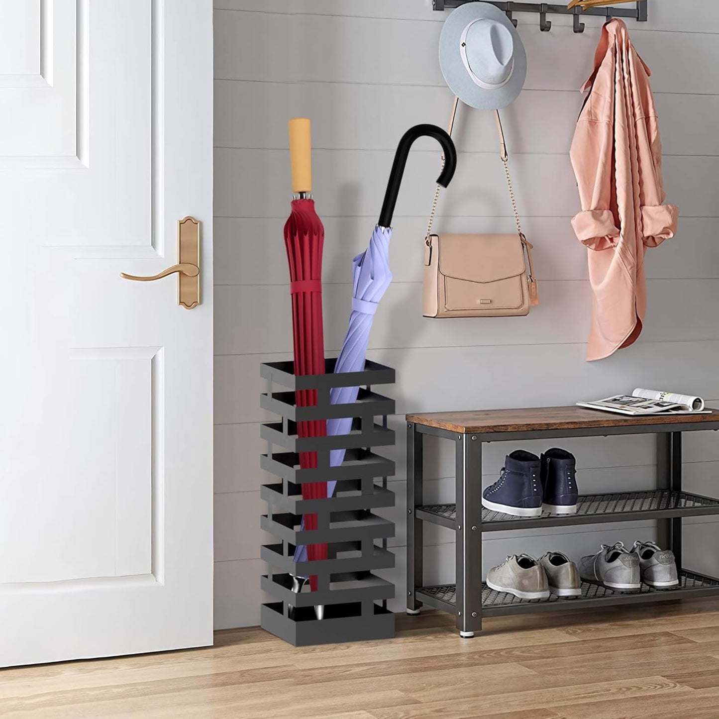 Umbrella Holder for Indoor Entryway,Metal Umbrella Stand with Removable Water Tray and Hooks, 16.2 Inch Umbrella Rack Storage for Home, Office, Hotel