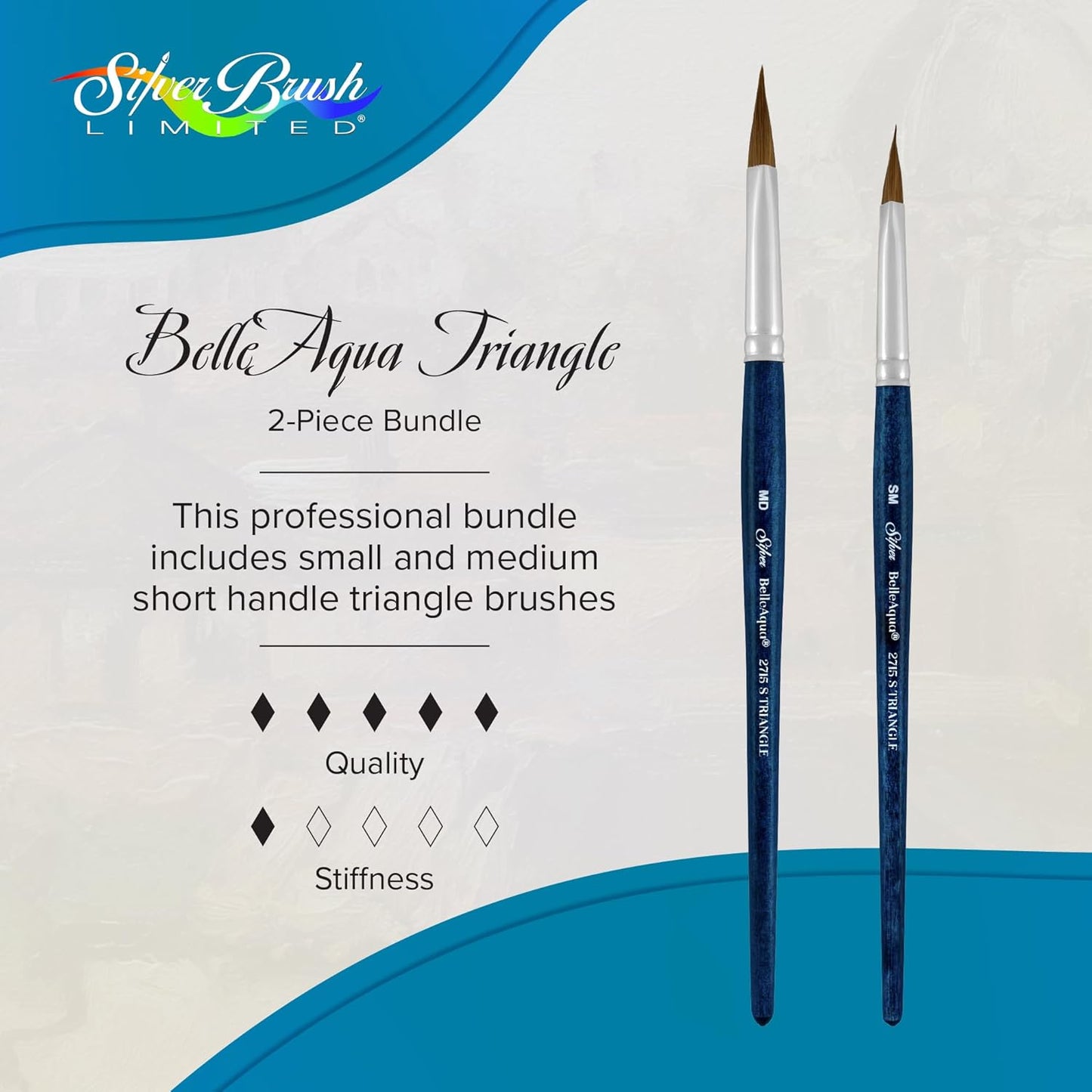 Silver Brush Limited BA-2762 BelleAqua Creative Shape 2pc Triangle Watercolor Brush Set, Premium Short Handle Small and Medium Triangle Artist Painting Brushes with Soft Red Sable Synthetic Filaments