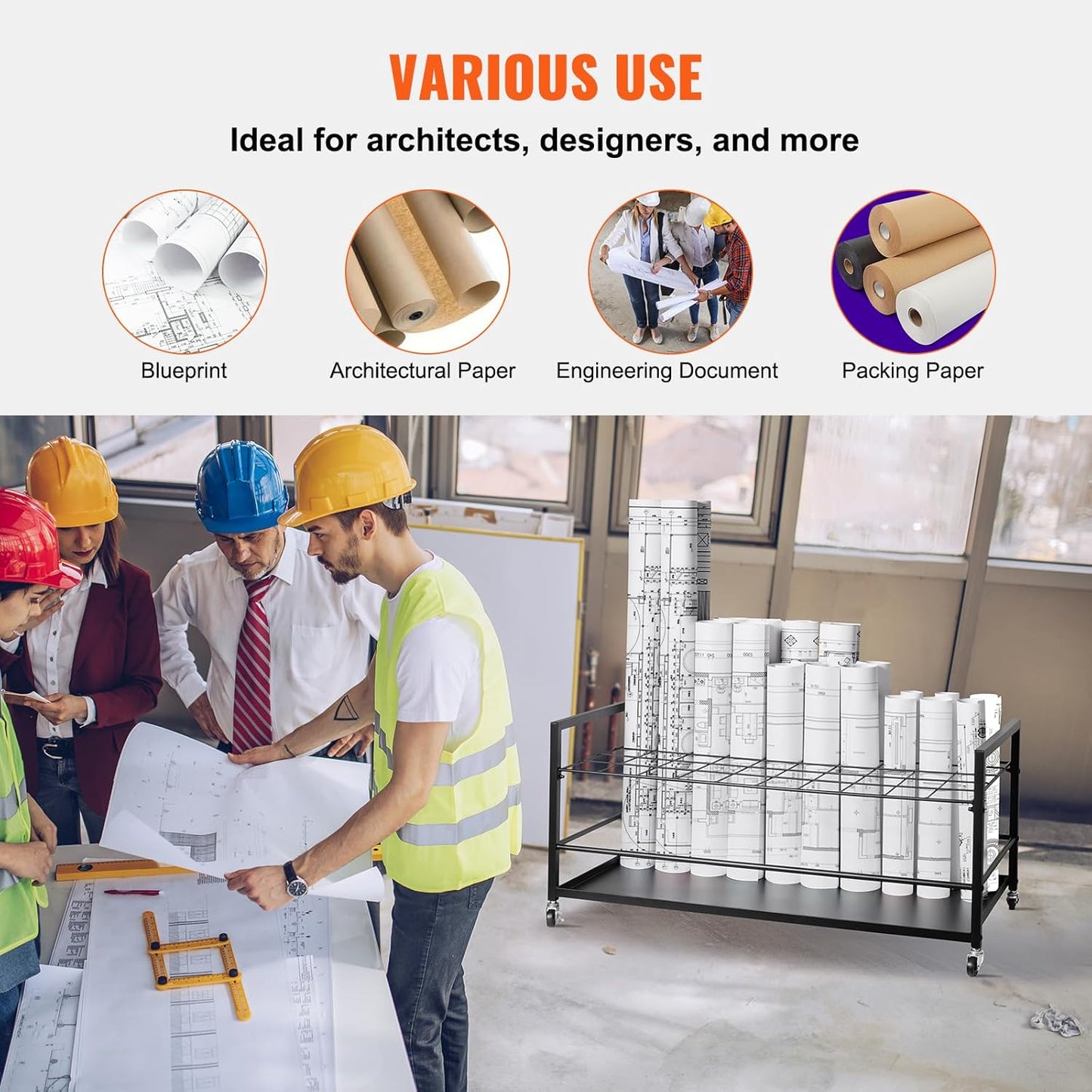 VEVOR Blueprint Storage Rack, 50 Slots Blueprint Holder with Wheels, Mobile Metal Blueprint Storage Cart for Construction Plan Map Poster Architectural, Roll File Holder for Home, Office, School