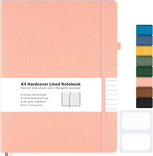 Lined Journal Notebook, 8.5" x 11" Hardcover Leather Notebook for Work, Wide Ruled Notebook Journal for Women Men, 192 Thick Paper, Lay Flat, 2 Pockets, A4 Large Journals for Writing, Pink Notebook
