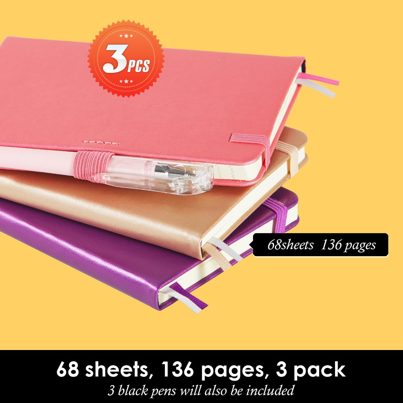 3 Pack Pocket Notebook Journal with Pen, Mini Small Notepad Notebook 3.7" x 5.7" for Women Writing, 408 Pages, Pearlescent Pink Purple Gold