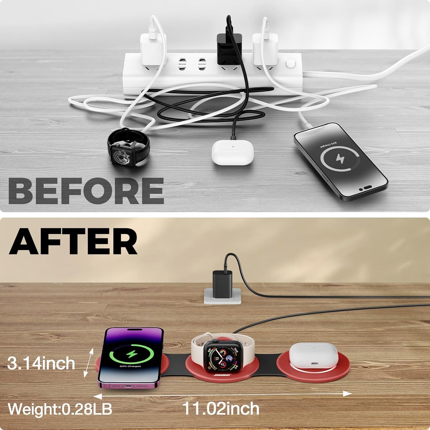 Hicober 3 in 1 Wireless Charging Station for Apple Watch and iPhone 16 15 14 13 12 Pro/Max/Plus, 3 in 1 Magnetic Foldable Wireless Travel Charger Station Stand for Airpods iWatch All Series Dark Red