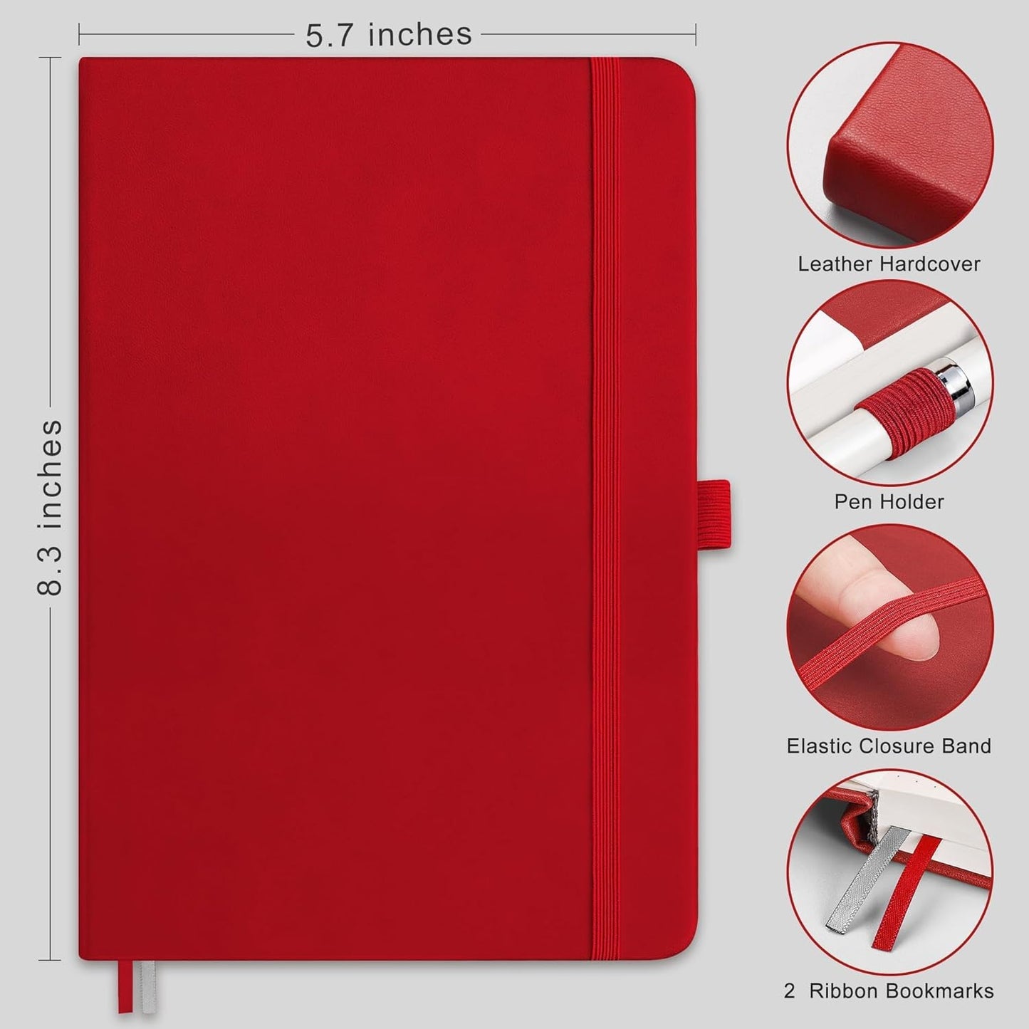 RETTACY Lined Journal Notebook, 192 Numbered Pages, A5 Medium Size (5.7'' x 8.3''), for Men & Women, Journaling, Writing, Work & Office, Leather Hardcover, 100 GSM Thick Paper (Red)