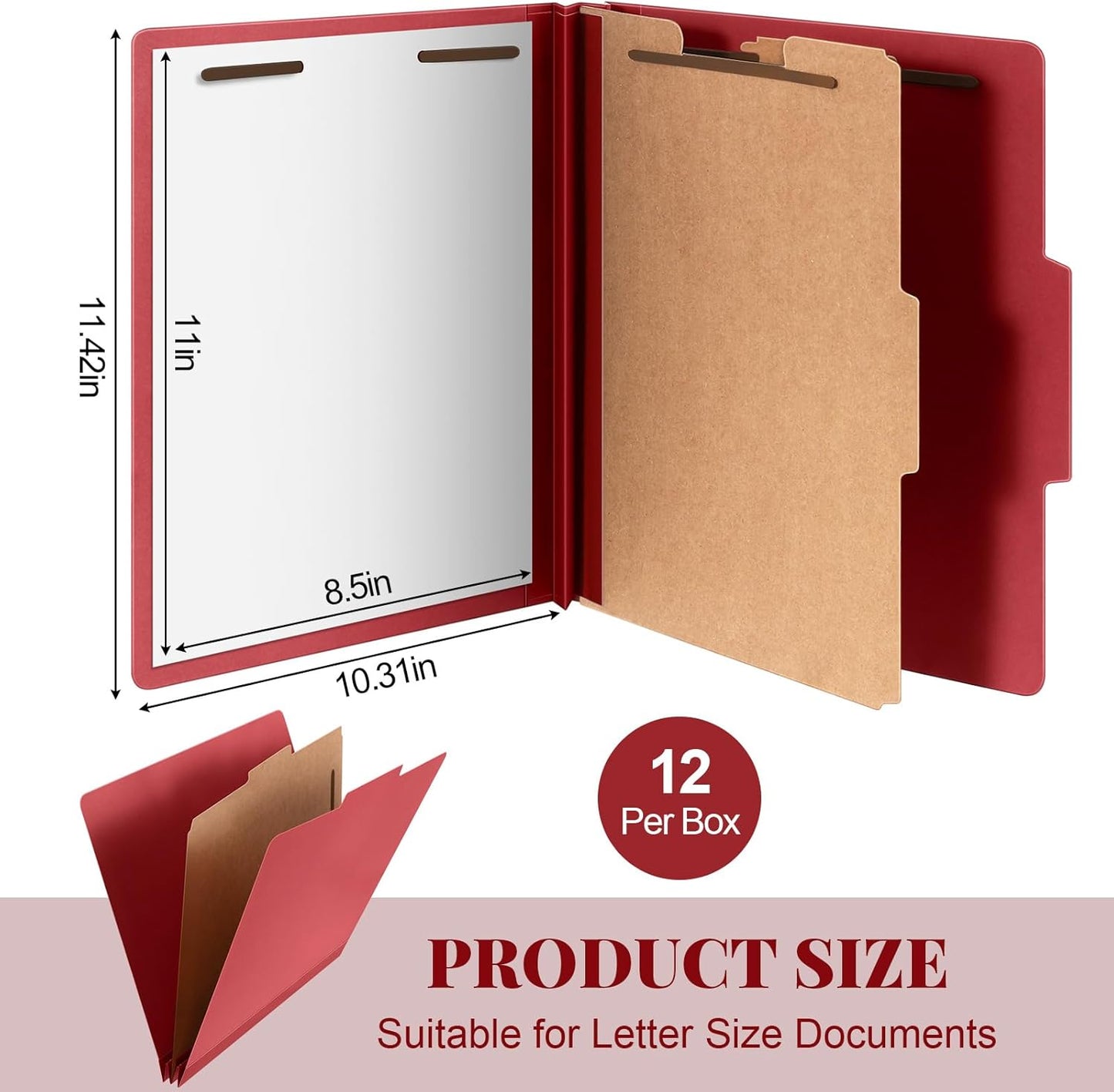 12 Pcs Classification Folders Letter Size, 1 Divider Pressboard File Folder with Fasteners, Expanding File Organizer Bulk for Teachers, Clergy, Office, Church, Christmas Donations (Red)