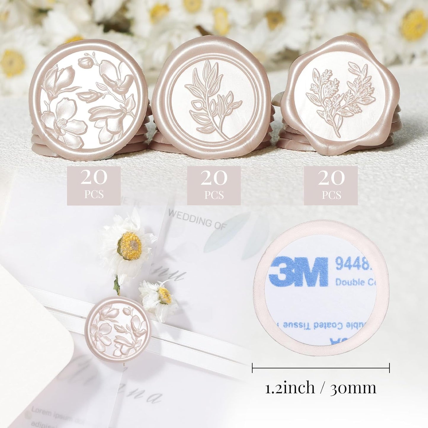 UNIQOOO Wax Seal Stickers - (3 Designs in 1 Pack) Wedding Invitation Envelope Seal Stickers, 60 Pcs Self-Adhesive Stickers, Perfect for Invitation, Christmas, Gift Wrapping (Champagne)