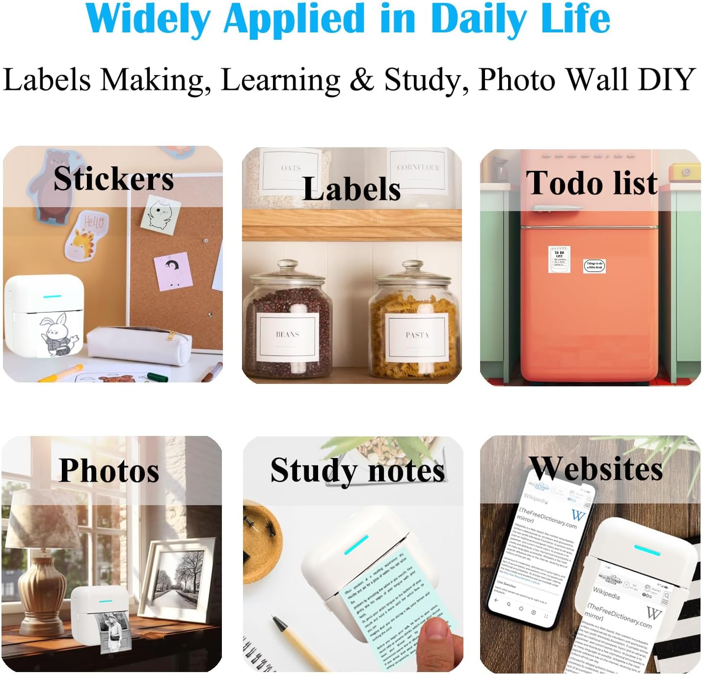 Mini Portable Printer, Inkless Sticker Printer with 12 Rolls Paper, Thermal for Notes/Photos/Stickers/Labels/Receipts, Compatible with iPhone, Android Phone & Tablet, White