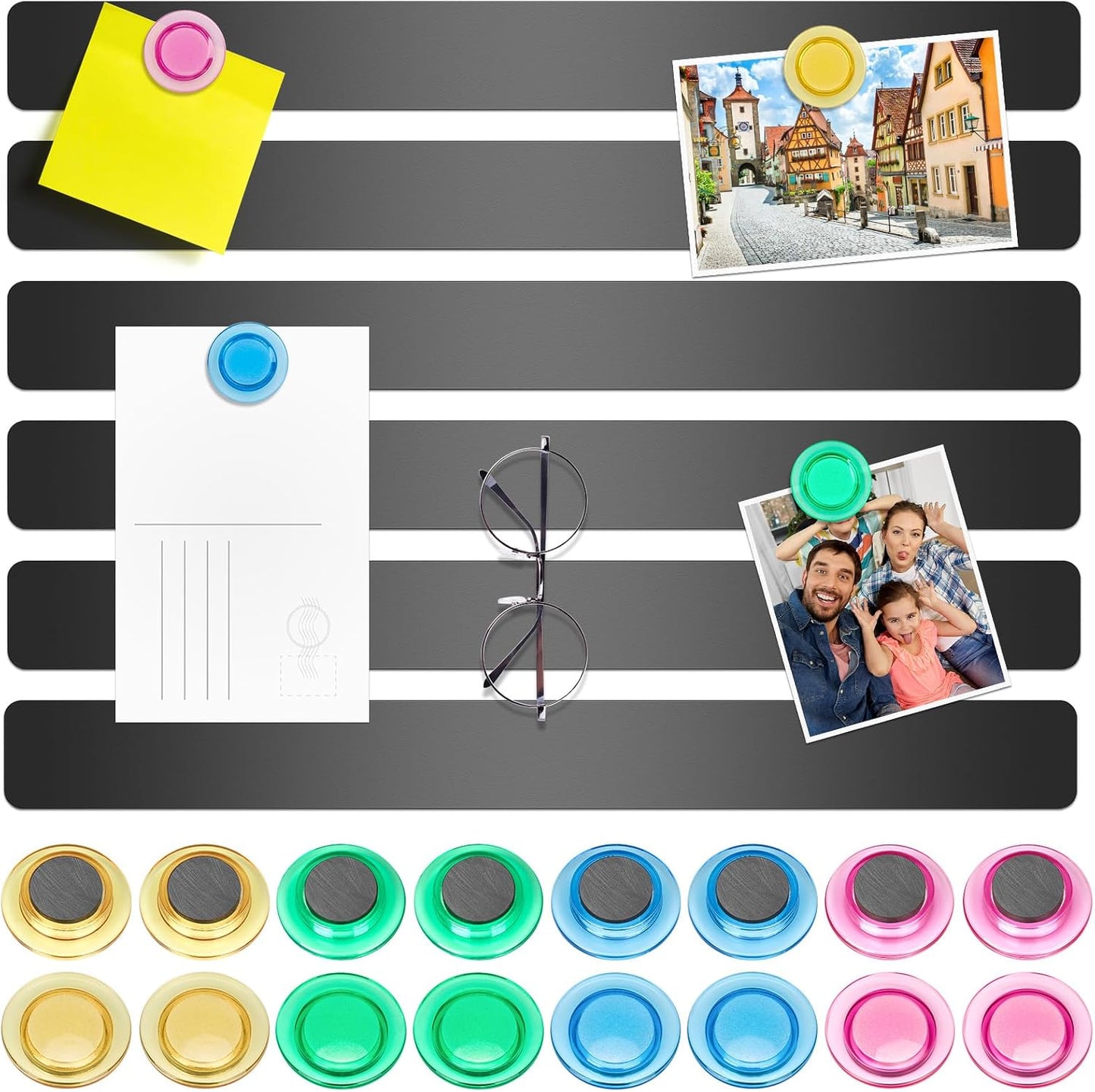 Wukong 6 Pack | 30x3cm(11.81 x 1.18) Magnetic Stainless Black Boards Strips, Adhesive Backing Bulletin Bar Board, Memo Board with 16Pcs Colorful Magnets for Office, Home, Photo Wall, Documents