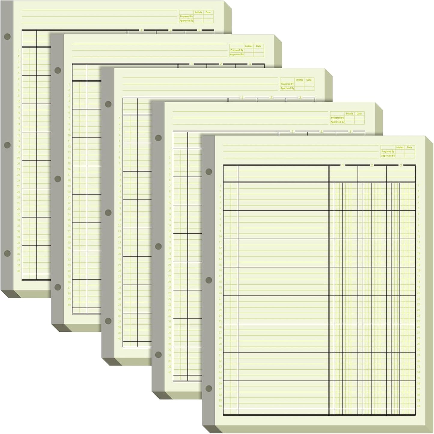 Zhanmai 5 Pack 250 Sheets Analysis Columnar Books 3 Hole Accounting Ledger Book Ledger Paper Pad Columnar Pad for Business, 50 Sheets/Pack, Single Page Format, Green(3 Columnar,8.5 x 11)