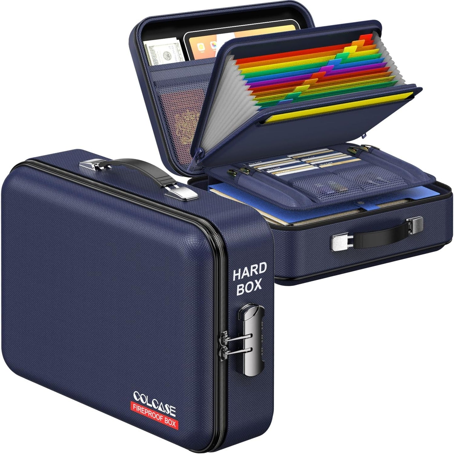 Fireproof File Box, Hard Case Fireproof Document Organizer with Lock Hard-Shell Design Fireproof Water Resistant Safe Box for Important Documents Certificates Laptop Passports Blue