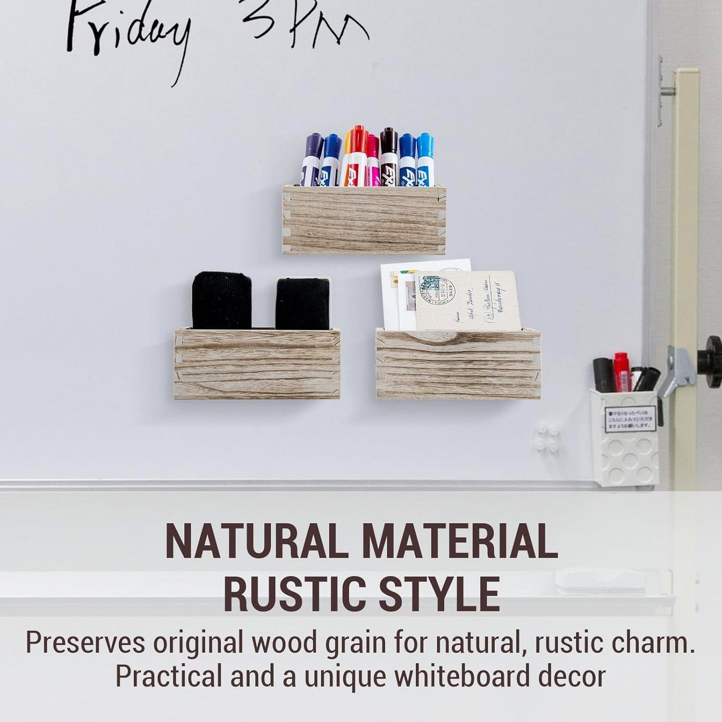 MyGift Rustic Torched Wood Magnetic Dry Erase Marker Holder for Whiteboard Accessories Organizer Bins, Set of 3