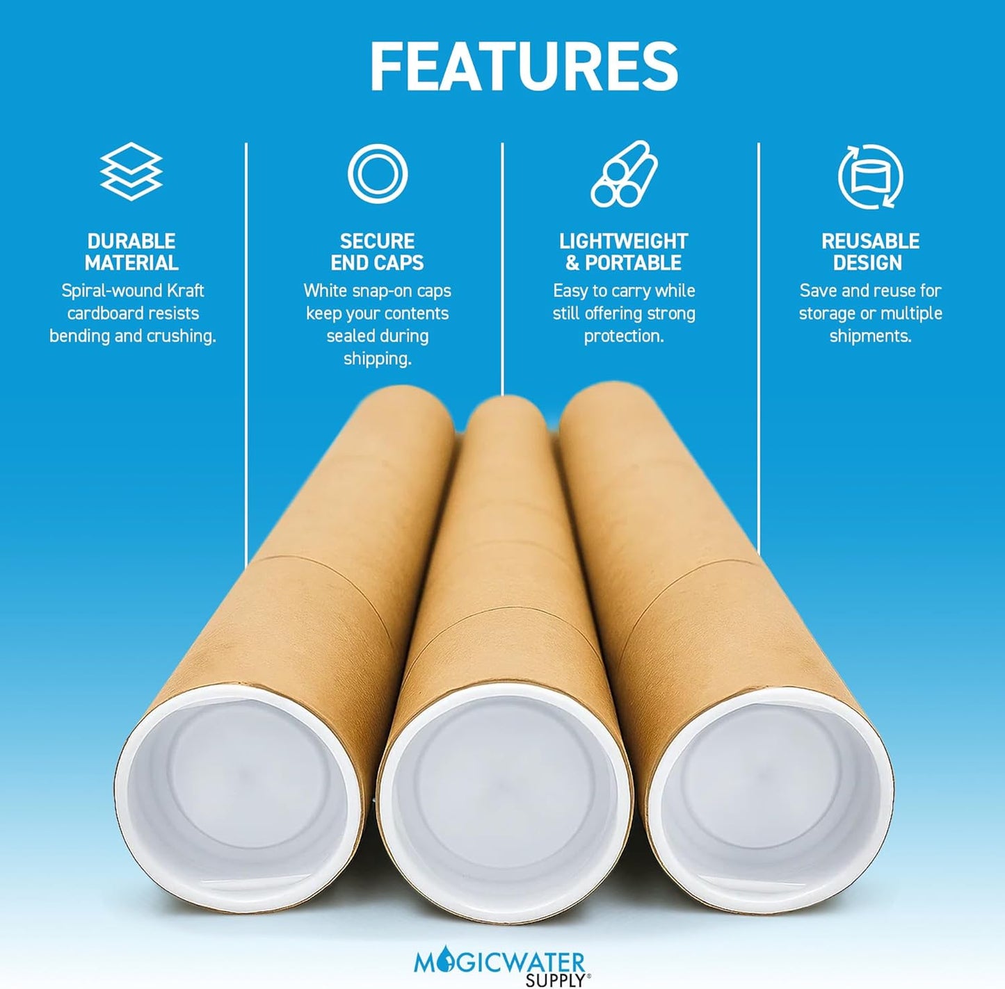 MagicWater Supply Mailing Tube - 1.5 in x 12 in - Kraft - 6 Pack - for Shipping and Storage of Posters, Arts, Crafts, and Documents