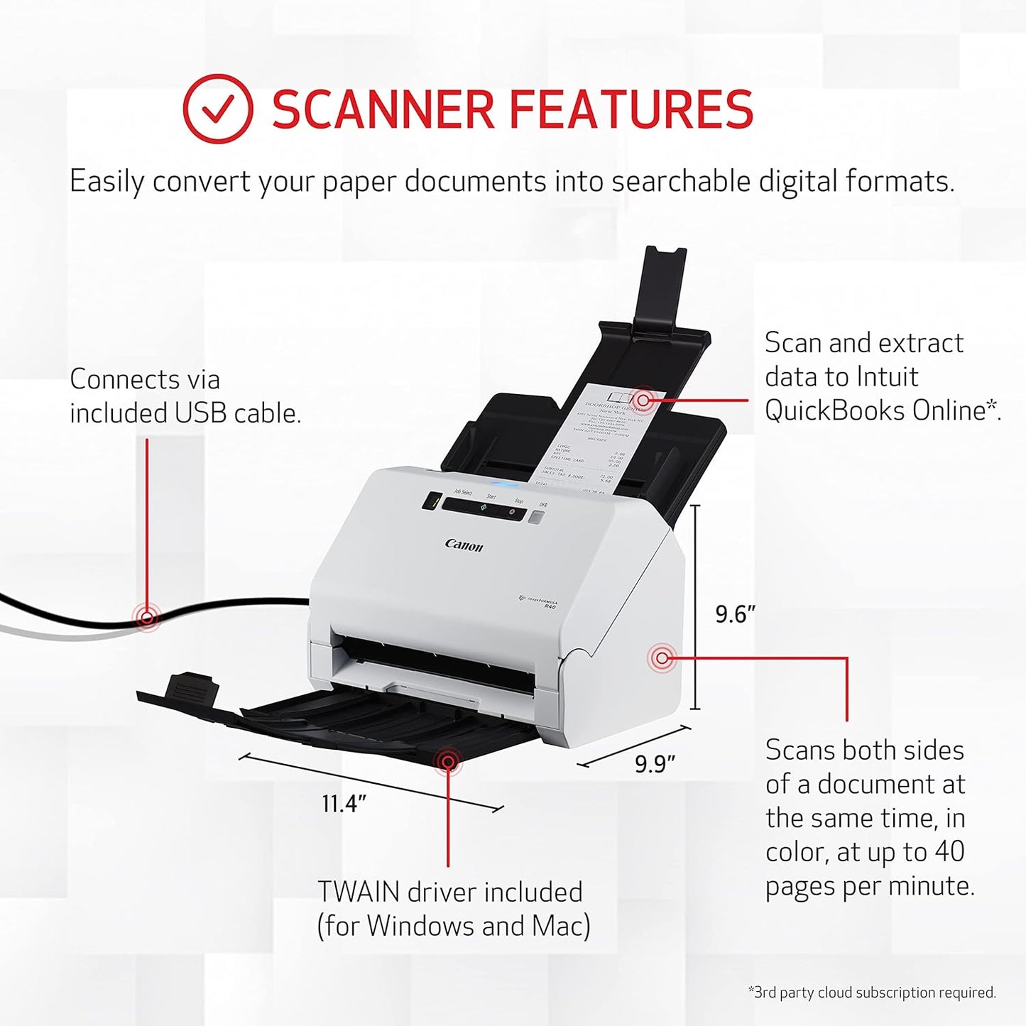 Canon imageFORMULA R40 Office Document Scanner Receipt Edition, for PC and Mac, Scan & Extract Data to QuickBooks Online, Color Duplex Scanning, Auto Document Feeder, Easy Setup for Office Or Home Use