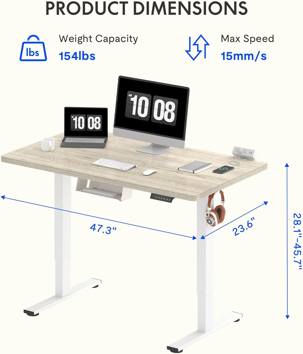 FLEXISPOT EN2 Whole-Piece Standing Desk with Clamp Power Strip, 48 x 24 Electric Stand Up Height Adjustable Desk with Cable Management (White Frame + 48" White Wood Grain Desktop)