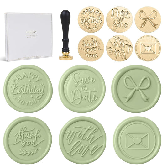 UNIQOOO 6 Pcs Wax Seal Stamp Set, Blessing Sealing Stamper Kit, Wooden Handle with Brass Head for Party Invitations, Envelops, Greeting Cards (Phrases Series)
