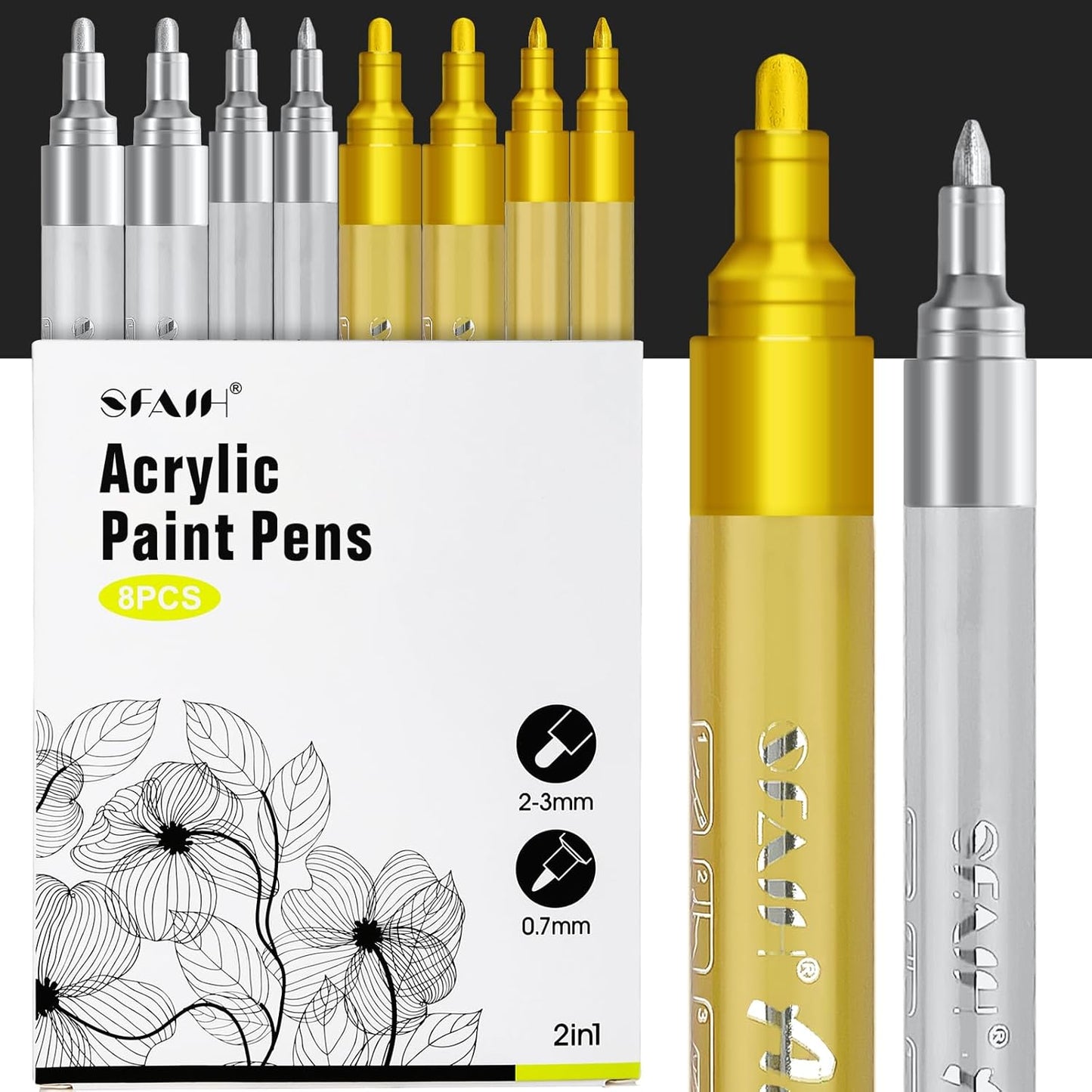 SFAIH Gold & Silver Acrylic Paint Markers - 8 Pack 2-3MM Medium Tip & 0.7MM Extra Fine Paint Pens for Rock Painting, Wood, Metal, Fabric, Plastic, Canvas, Glass, Ceramic, Diy Crafts