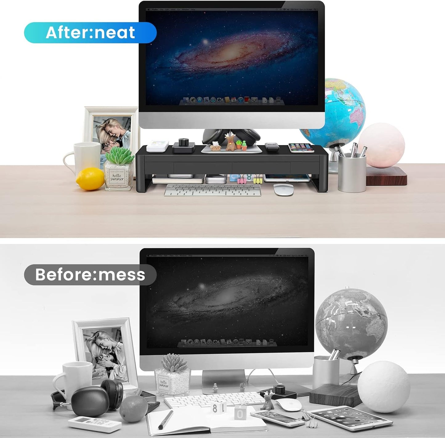 meatanty 2 in 1 Monitor Stand Riser with 2 Storage Drawers and 4 USB Ports, Metal Computer Monitor Stand Supports Transfer Data and Charging, Desk Organizer for PC,Laptop,iMac (21 inches)