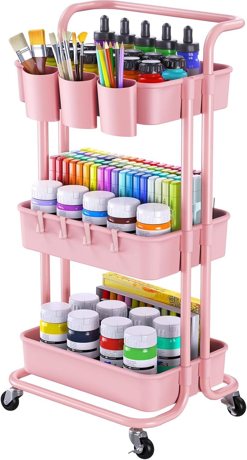 Pipishell 3-Tier Rolling Cart with Wheels, Rolling Storage Carts with 3 Hanging Cups & 4 Hooks, Mobile Utility Cart, Art Carts Organizer, Craft Cart for Office, Kitchen, Craft Room, Pink, PIUC06P