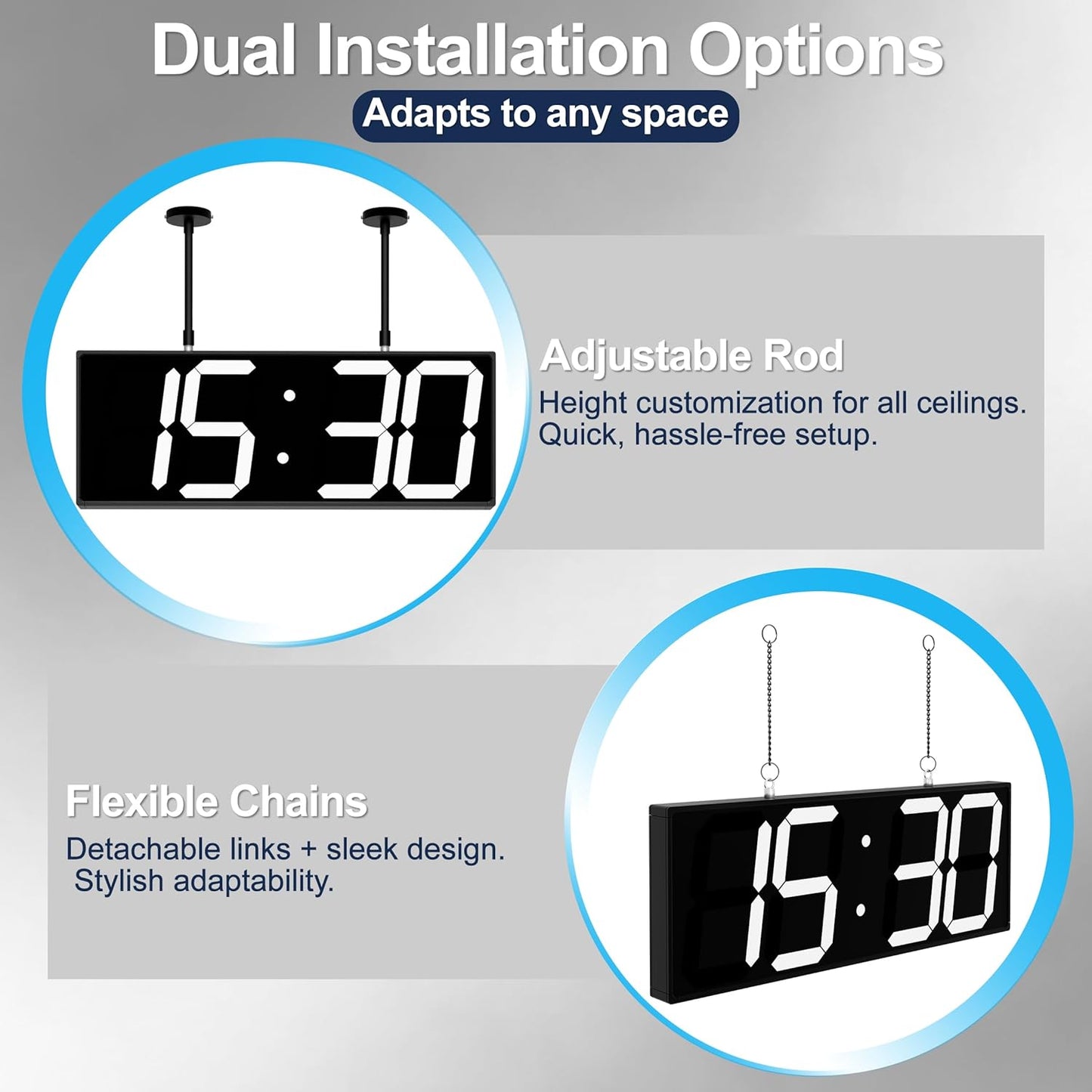 Large Double Sided Digital Wall Clock 19" with Remote Control,Suspended Design for Hospitals, Factories, Airports.