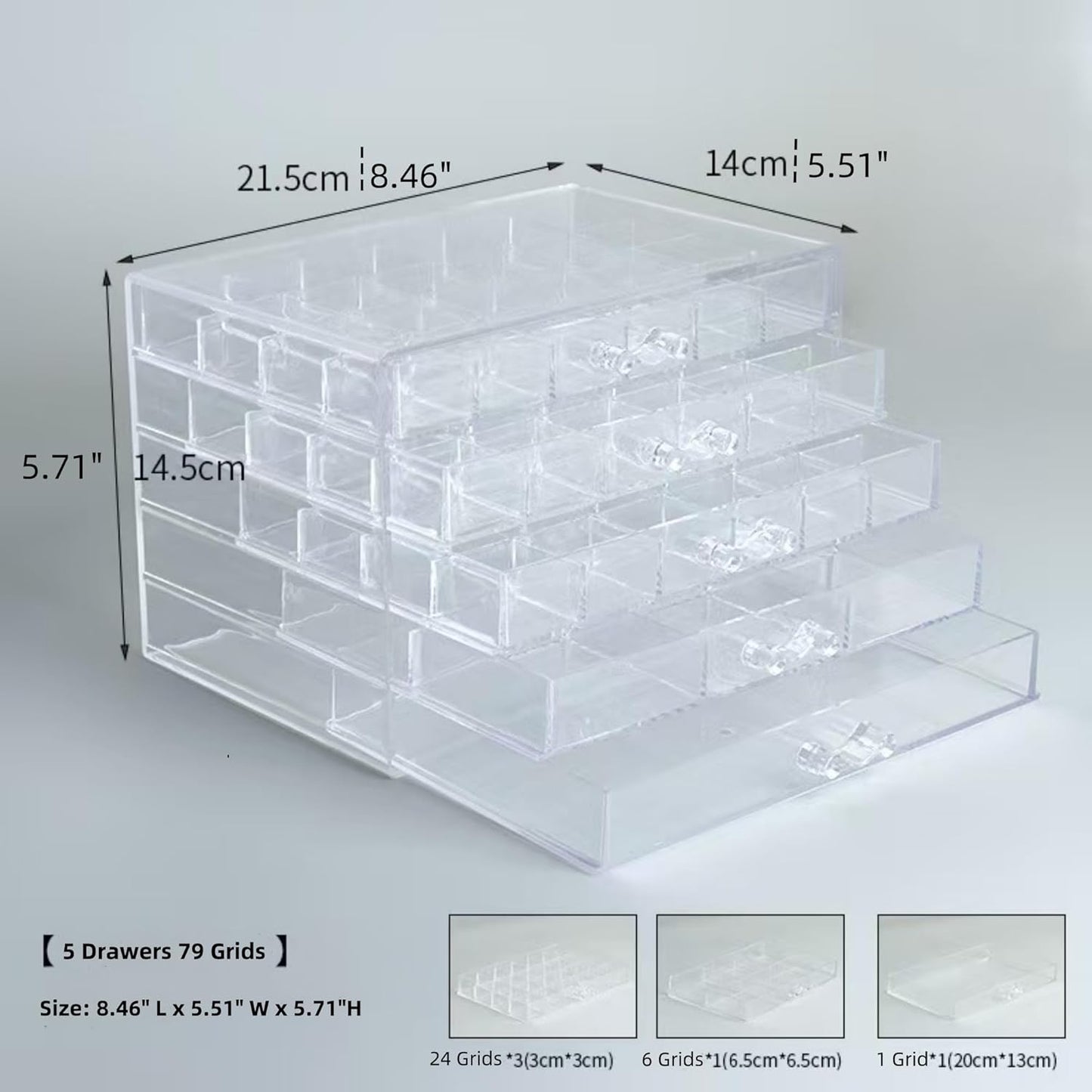 Feadily Acrylic Jewelry Organizer Box, Jewelry Drawer Organizer With 5 Drawers 79 Grids, Clear