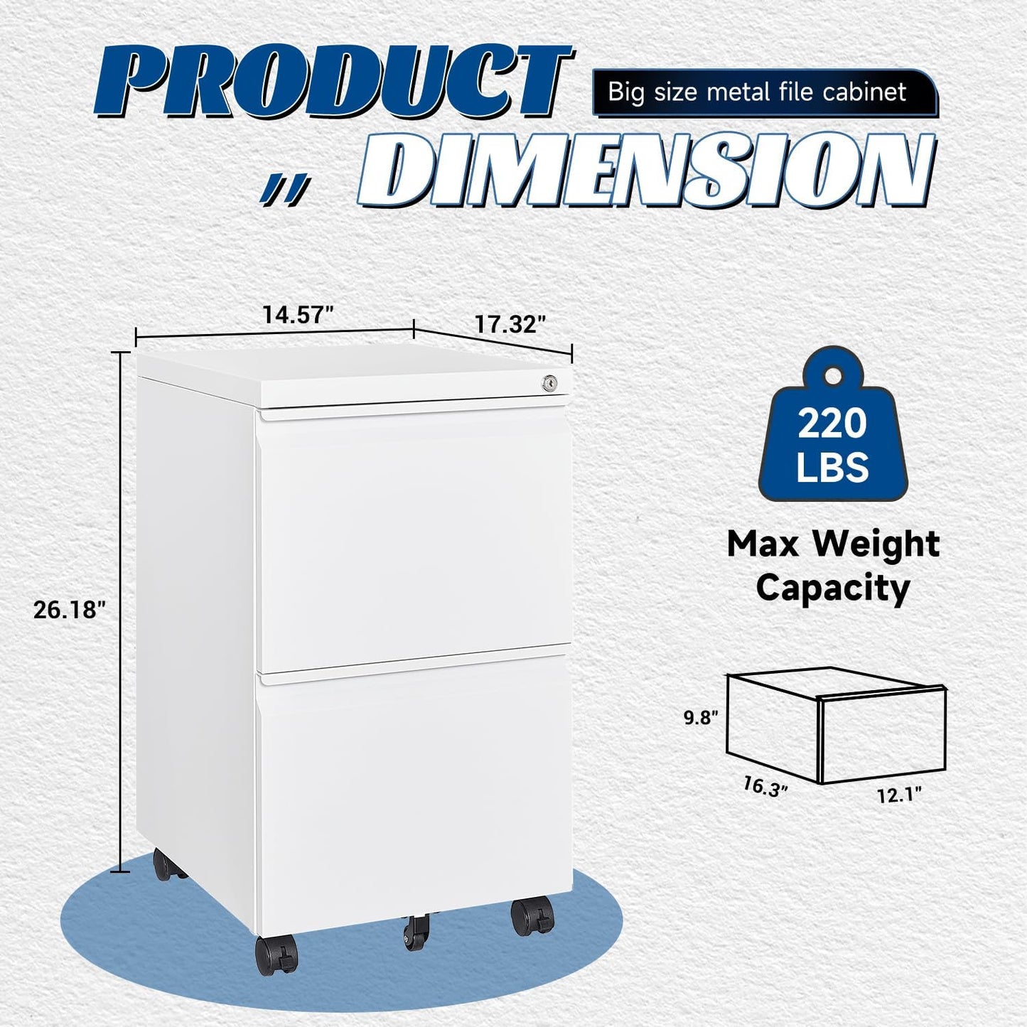 2 Drawers Vertical File Cabinet - Fully Assembled White Under Desk Mobile Filling Cabinet Small Lockable Home Office File Cabinets for A4/Letter/Legal Size