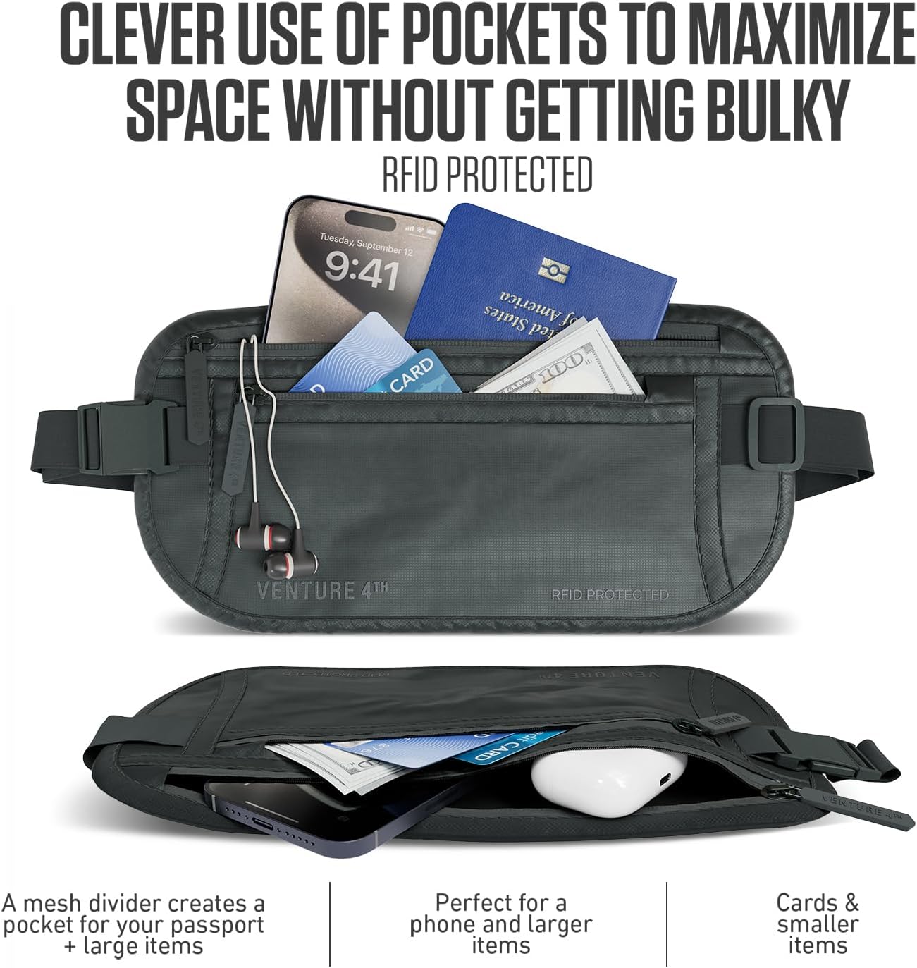 Travel Money Belt, RFID Blocking for Men & Women - Ideal for Keeping Your Cash, Credit Card, Passport, Phone Safe When Traveling (Sleek Gray)