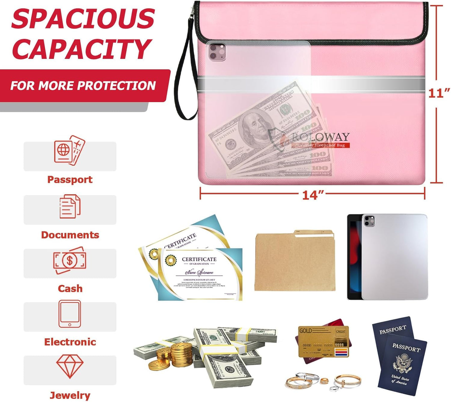 ROLOWAY Fireproof Document Bag (14 x 11 inch) with 5200℉ Upgraded Aluminum Foil Layer, Fireproof Bag for Documents with Reflective Strip and Zipper (Pink)