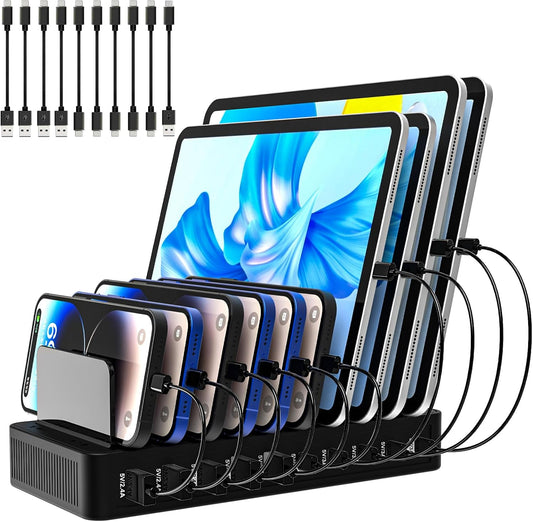 Charging Station for Multiple Devices, 100W 10 Ports Flat Plug Charging Dock with 10 Cables Smart IC Tech and Adjustable Dividers Type-C，Multi USB Charger for iPhone Galaxy iPad Tablet，Black