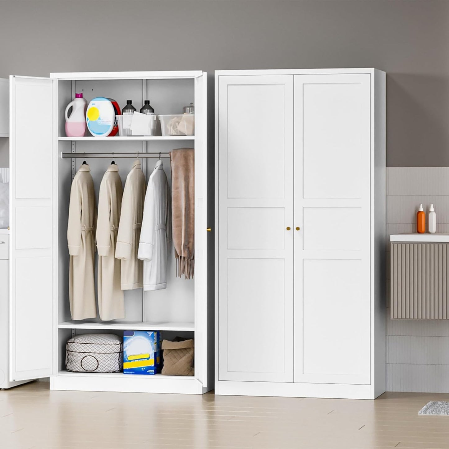 MIIIKO Wardrobe Closet with 2 Doors, 72" Metal Clothing Storage Cabinets with Hanging Rod, Bedroom Armoires Laundry Room and Office Clothes Storage Organizer Cabinets