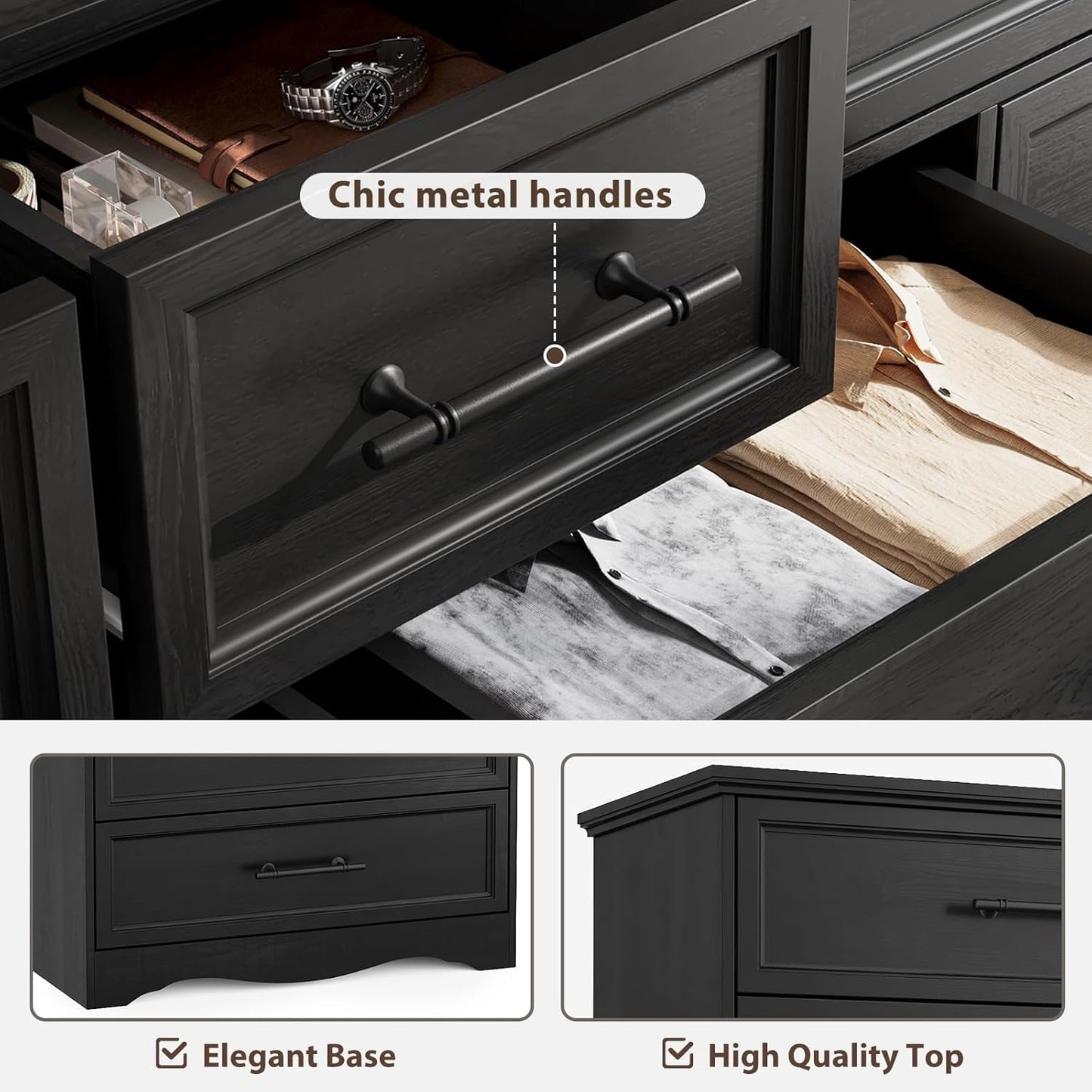 Black Farmhouse Dresser for Bedroom, 10 Chest of Drawers, 59" Wide Chest of Drawers with Brushed Metal Handle, Wood Closet Organizers and Storage Cabinet for Bedroom, Living Room, Hallway