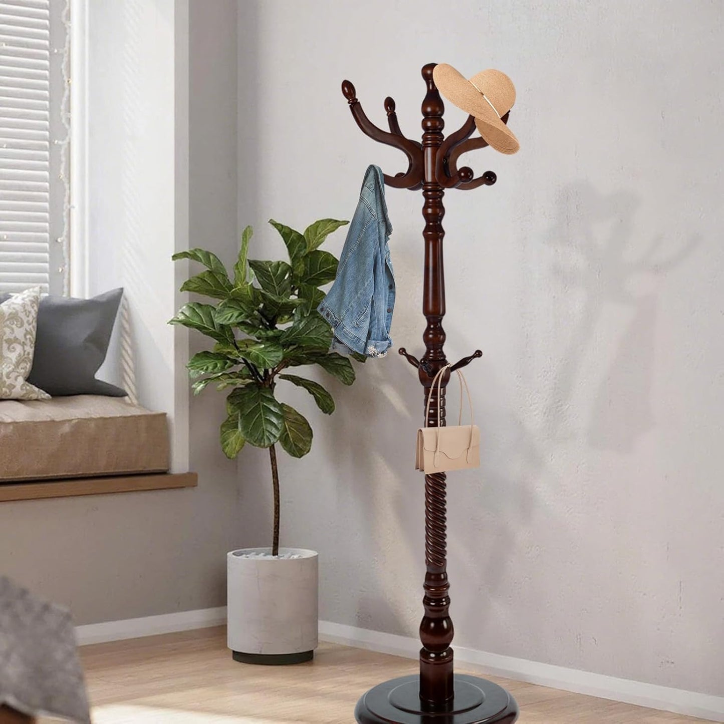 Wooden Coat Rack Freestanding with Resin Hooks, Adjustable Heavy Duty Stand for Hanging Coats, Bags, Hats, and Umbrellas in Living Room, Bedroom, Entryway (Antique color)