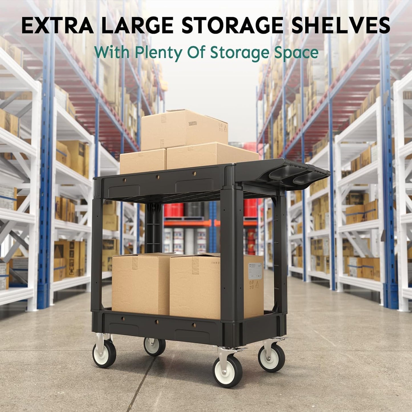 2 Shelf Heavy Duty Plastic Utility Cart, Service Cart Tub Storage W/Deep Shelve Holds up to 1000 lbs, Rolling Utility Cart with 360°Swivel Wheels, Work Cart for Warehouse, Garage, Cleaning