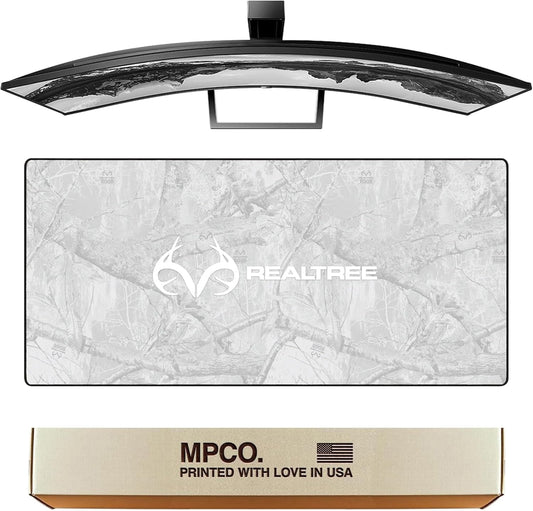 MPCO. Real Tree Large Gaming Desk Pad - 36" x 17" Aeroglyde Fabric Edge Snow White – with Logo Desk Mats - Non-Slip, Washable, Smooth Glide for Precision Gaming & Work