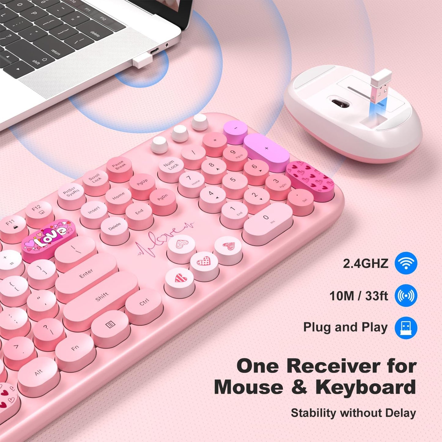 Wireless Keyboard and Mouse, Typewriter Full Size Keyboard with Number Pad and 2 in 1 USB Connected Mouse for Windows 7/8/10, Laptop, Desktop, PC, Computer (Pink Colorful)