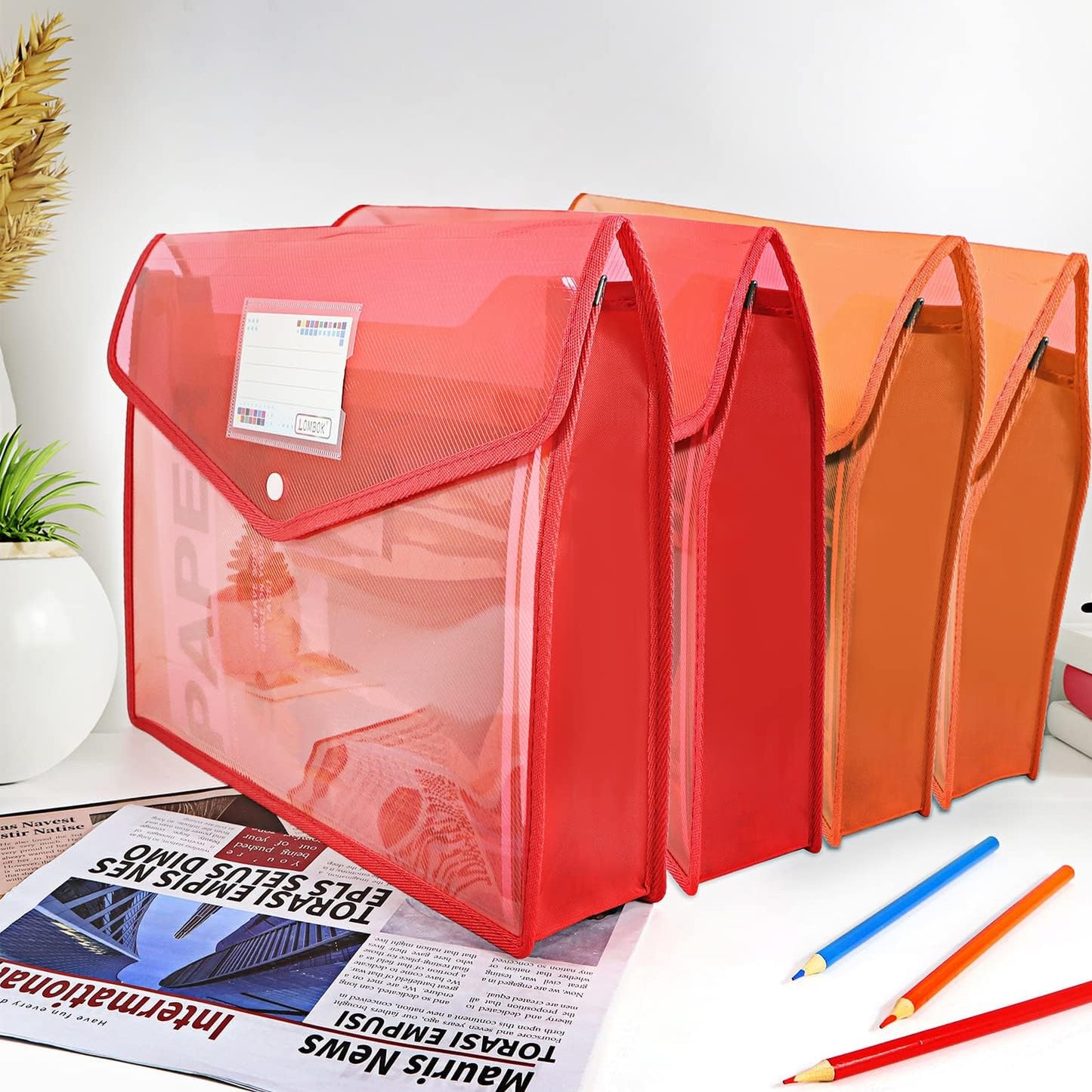 YoeeJob Plastic File Folders Legal Size 2 Pcs, Expandable Document Folder with Snap Button Closure, A4 Expanding File Wallet Envelopes Pouch with Label Pocket, Orange&Red