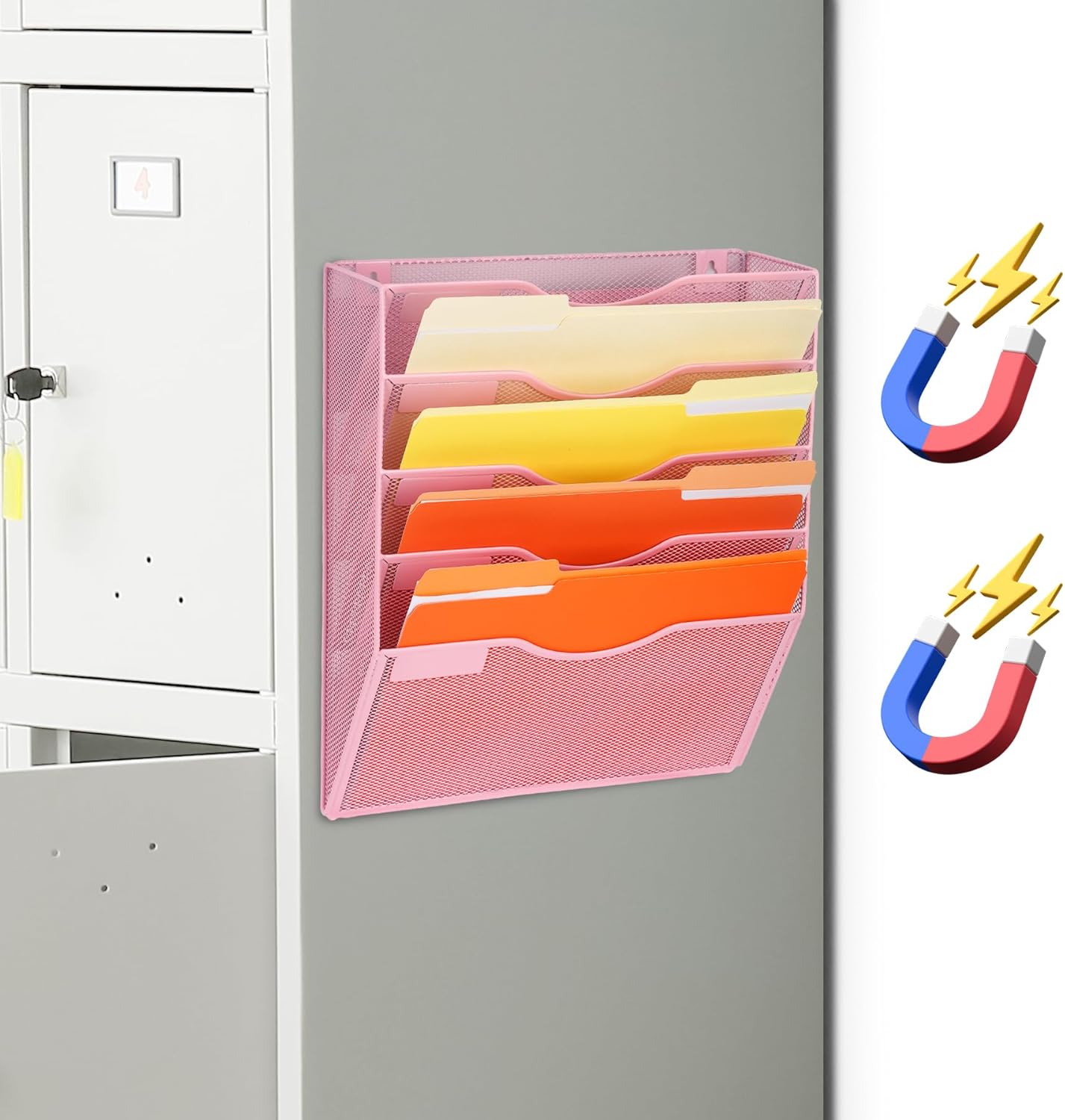 EASEPRES Magnetic 5 Pocket Mesh Hanging File Organizer, Wall Mounted Mail Paper Document Folder Holder, Clipboard Storage Organization Magazine Rack with Nametag Label for Office Home School, Pink