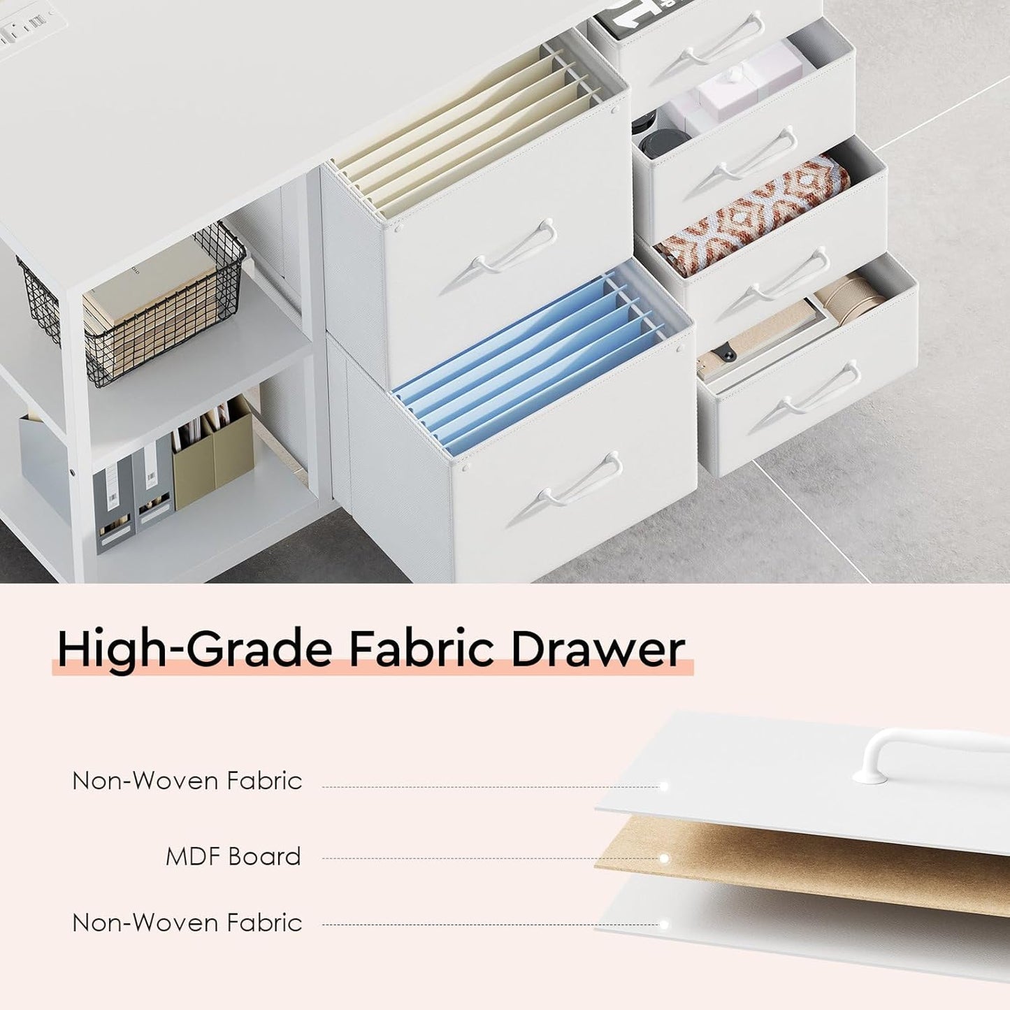 6 Drawer File Cabinet with Charging Station Rolling Printer Stand with Open Storage Shelf Fabric Lateral Filing Cabinet for Home Office,White