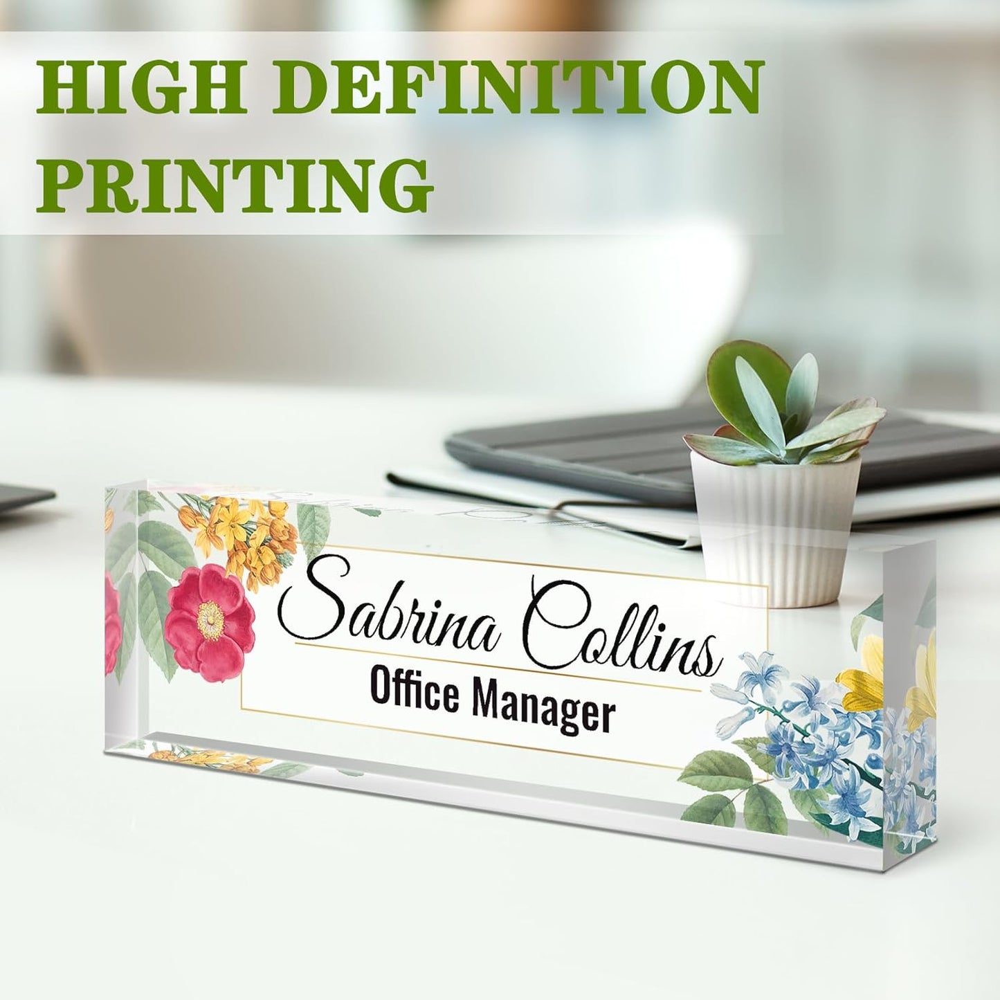 Name Plate for Desk, Desk Name Plate Personalized, Blue Office Decor for Women Men, Acrylic Desktop Accessories, Office Gifts for Boss Nurse Teacher Coworker, Employee Appreciation Gift (Flowers B)