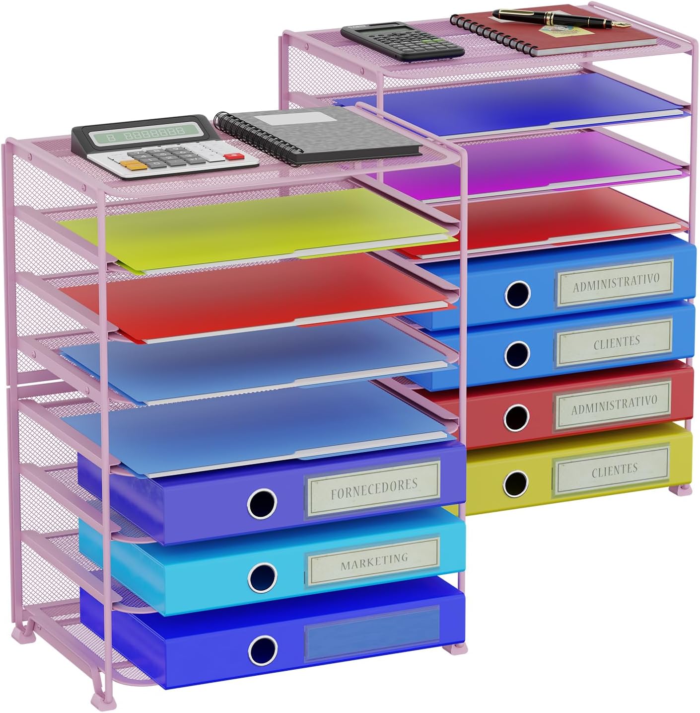 Simple Trending 2 Pack 8 Tier Letter Tray Paper - Mesh Desk File Organizer for Office School Desktop, Pink