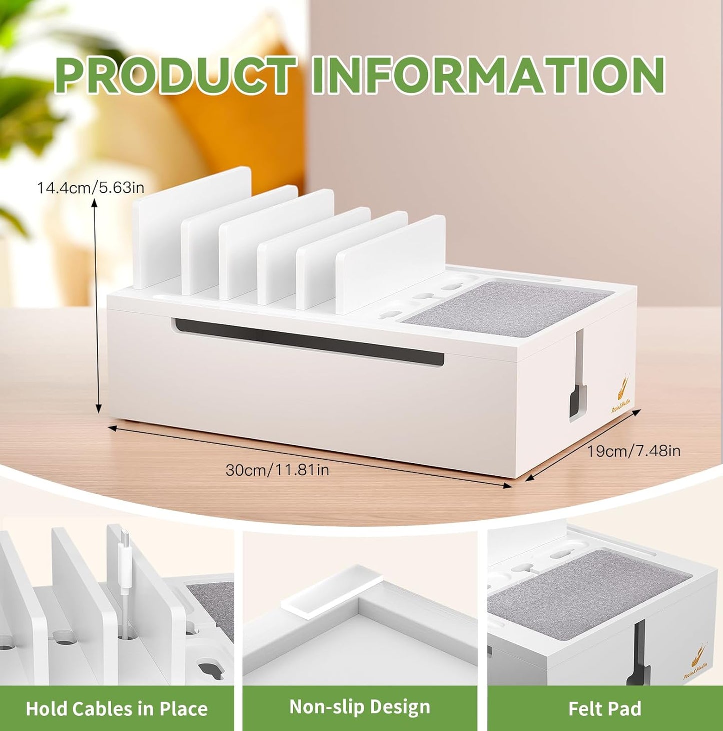 Pezin & Hulin Bamboo Charging Station, Electronic Devices Organizer for Multiple Devices Charger Such As Cell Phone, Tablet, Watch and More, White, (No USB Charger and Cables