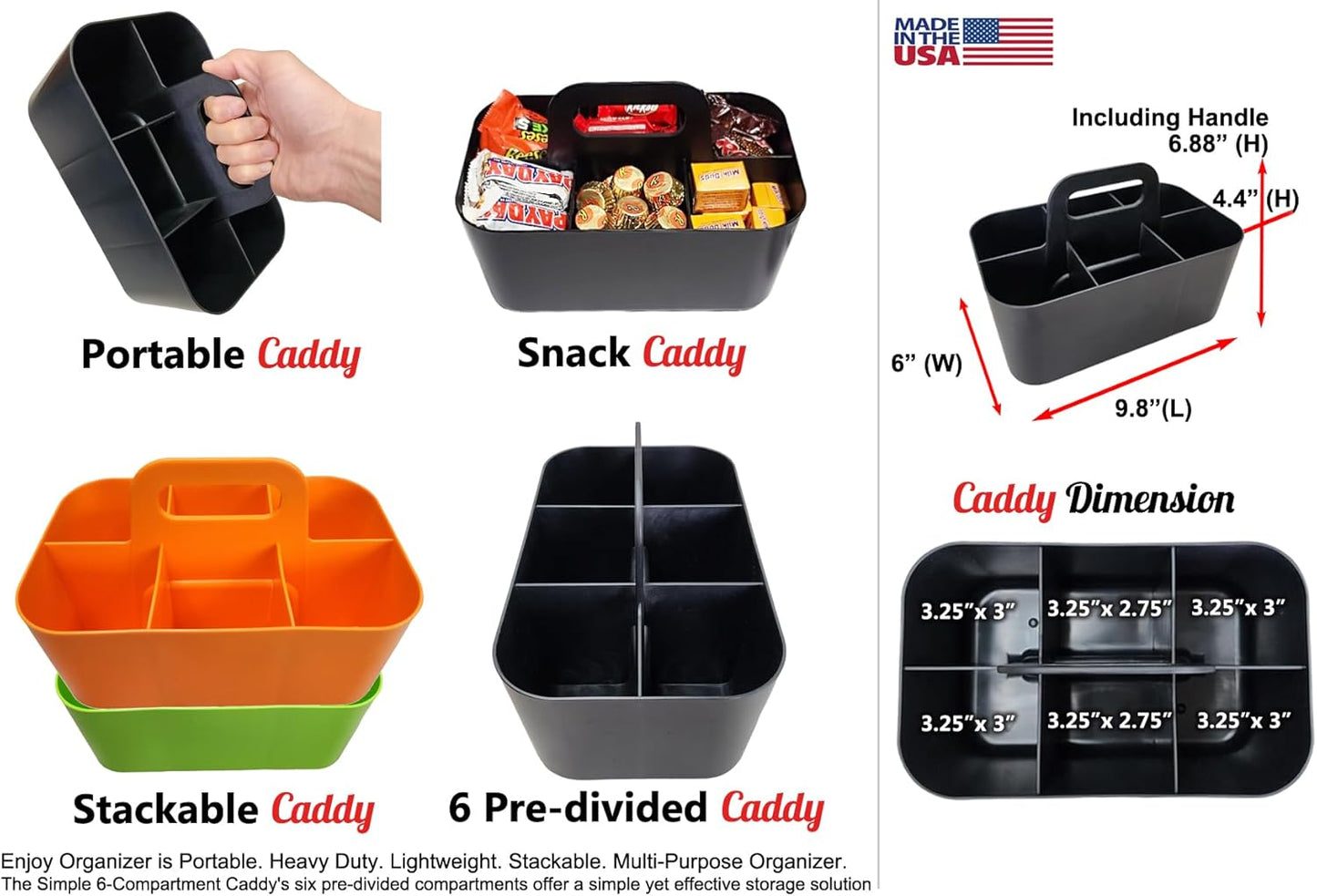 2 Pack Small 6 Compartment Multiuse Caddy Organizer with Handle Art Craft Supplies, Office, Desk, Stationery Pen Holder Stackable- Made In USA (Orange/Green)