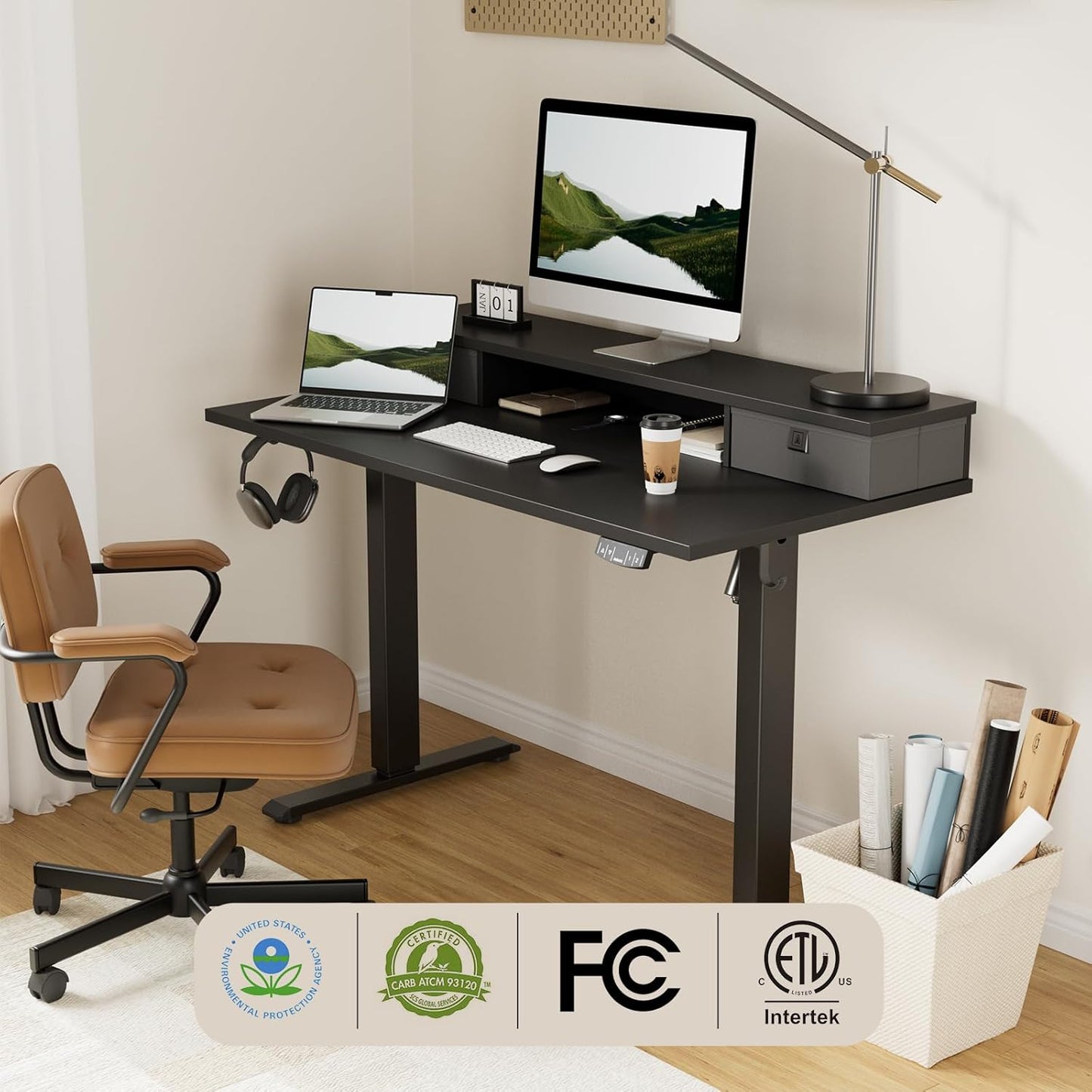 Agilestic 55 x 24 Inches Electric Standing Desk with 2 Storage Drawers, Stand Up Desk Adjustable Height, Sit and Stand Computer Table with Splice Board, Black
