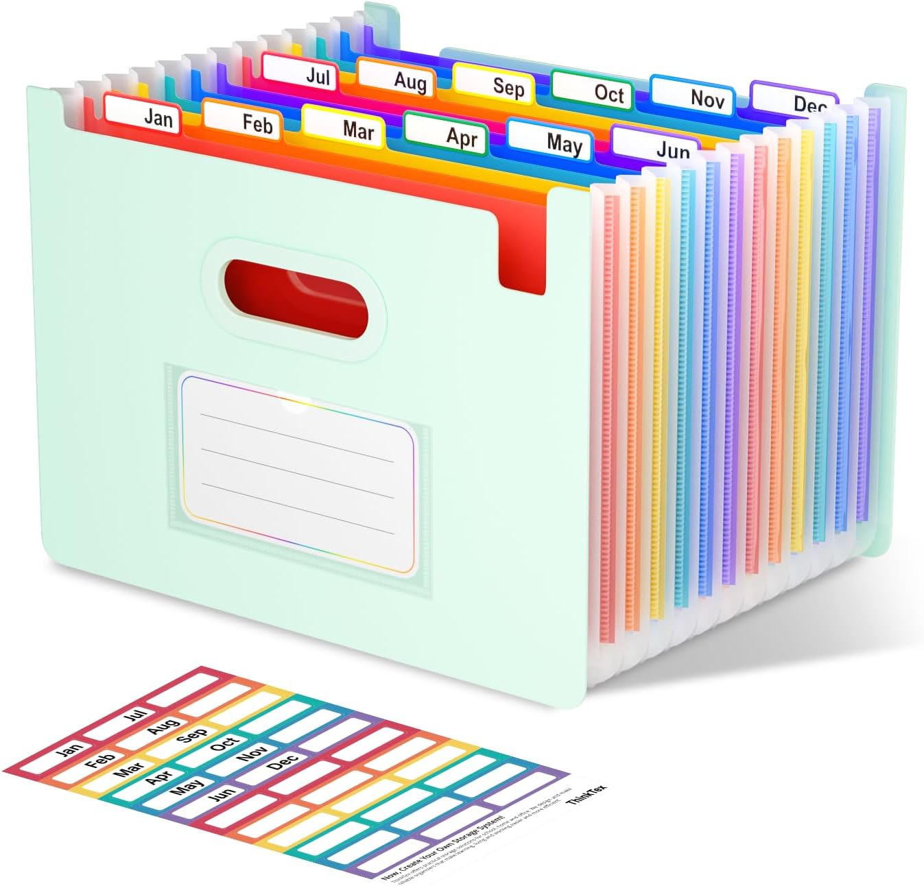 ThinkTex Accordion File Organizer, 12 - Pocket Expanding File Folders Upright & Open Top,for Paper Receipts, Bills&Taxes Organizer, Letter/A4 Size for School, Office, Home with Colorful tab-Sage Green