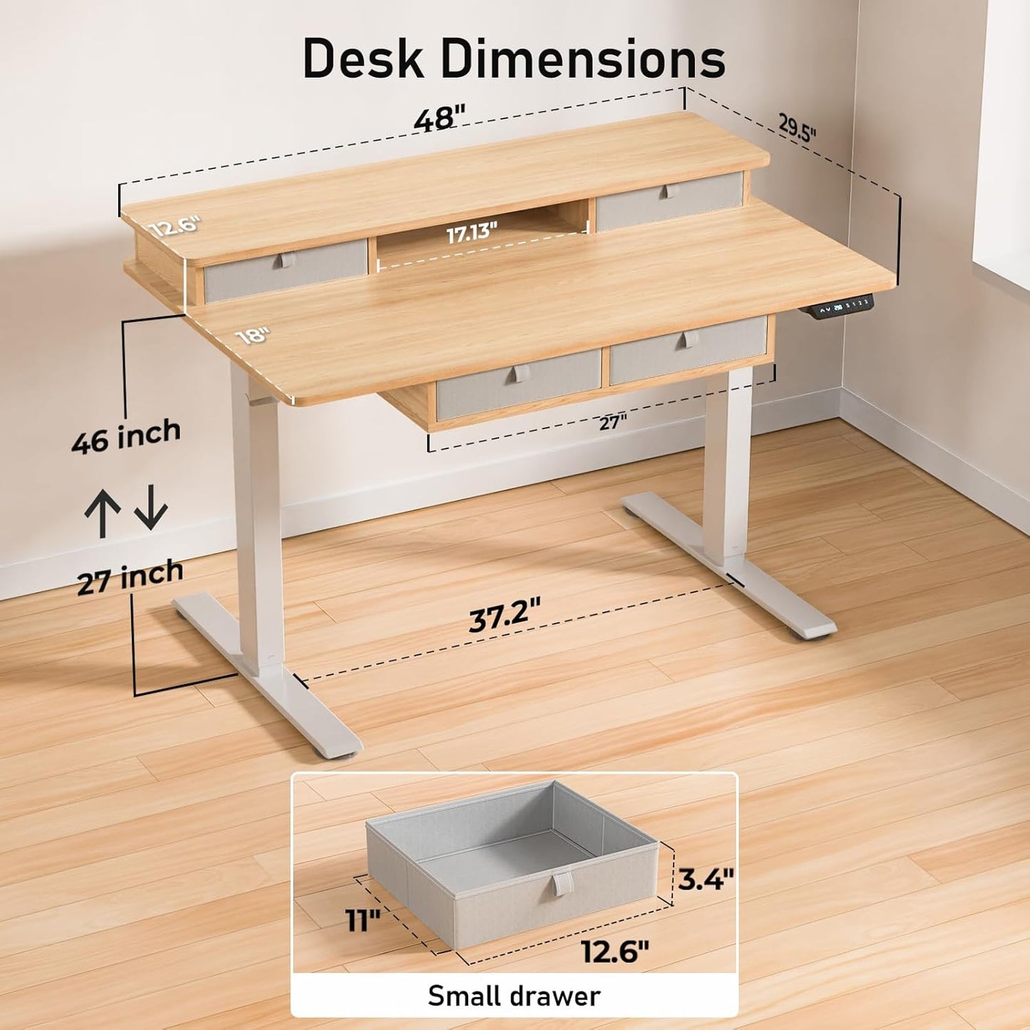 48 * 30 Inches Electric Standing Widened Desk Adjustable Height with 4 Drawers, Double Storage Shelves, Home Office Workstation Sit Stand up Desk (Nature)